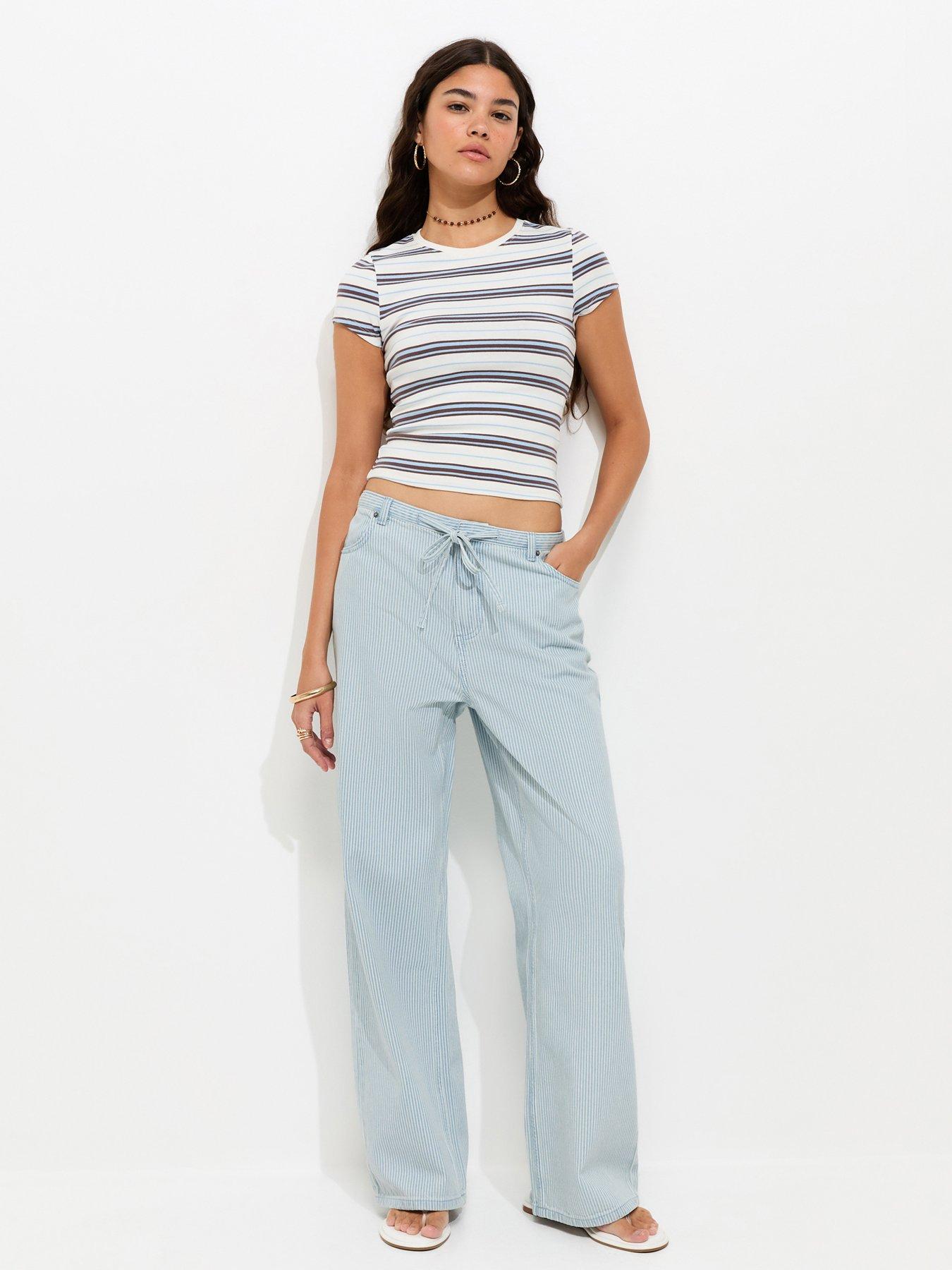 New Look Cotton Striped Denim Tie Waist Jeans - White