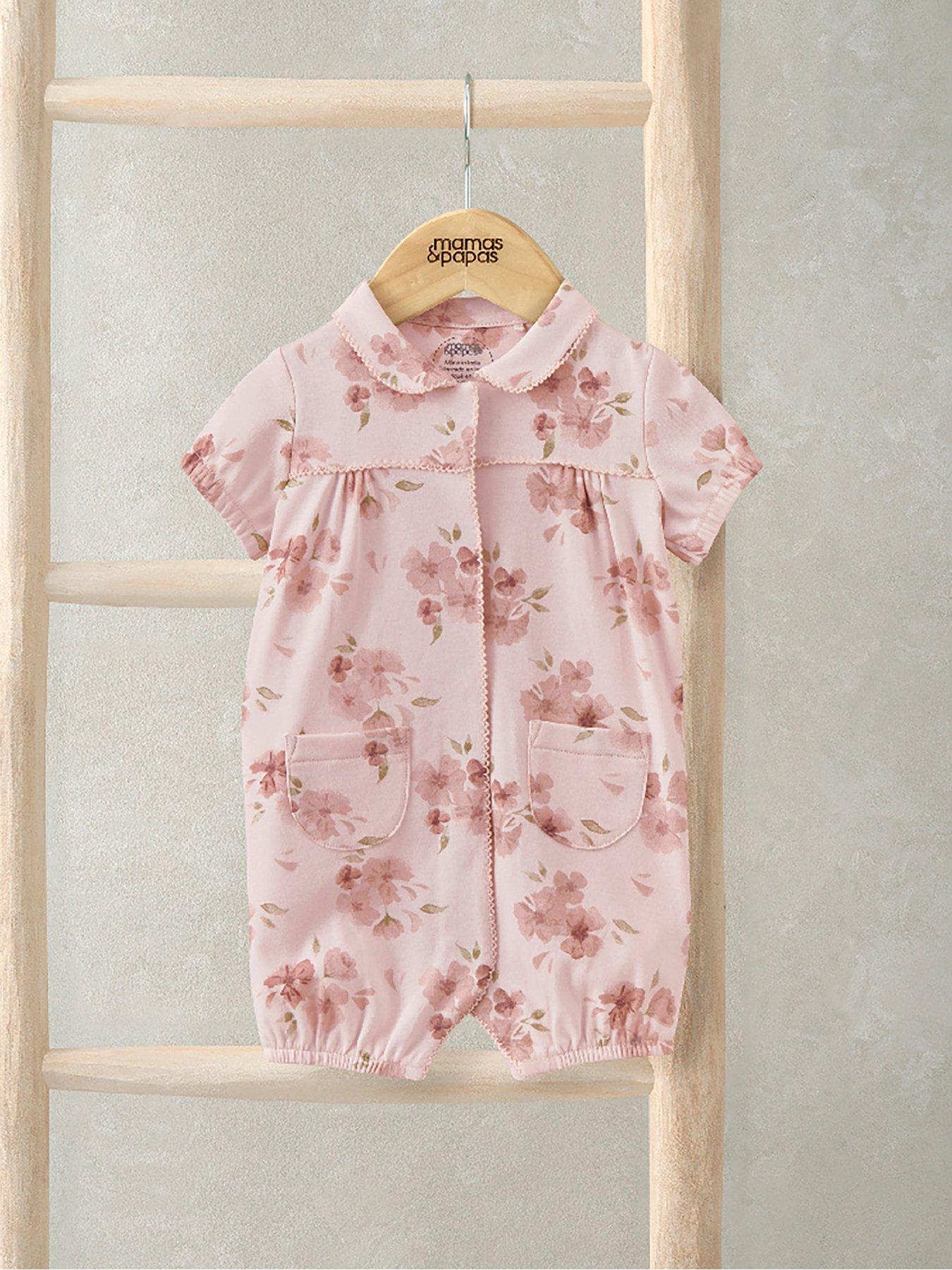 Mamas & Papas Baby Girls Jersey Floral Print Pyjama Romper, Pink, Size Up To 1 Month