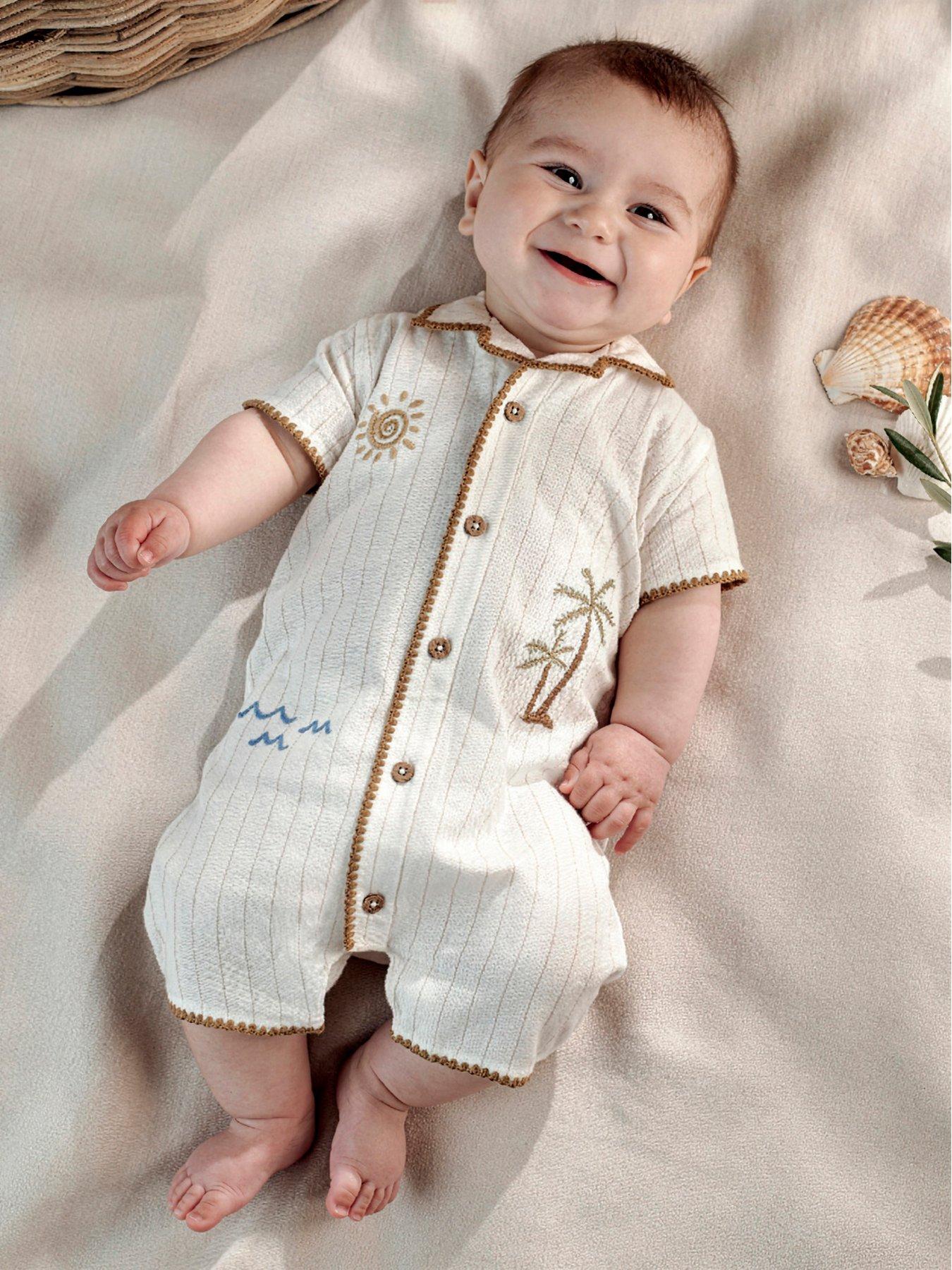 Mamas & Papas Baby Boys Holiday Embroidered Shirt Romper, Cream, Size 12-18 Months