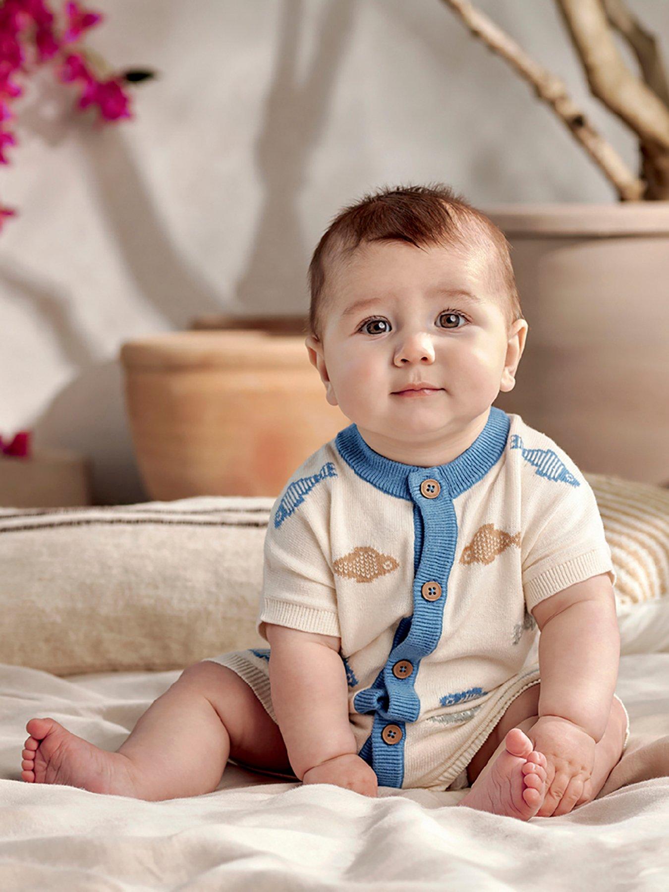 Mamas & Papas Baby Boys Sealife Knitted Romper, Blue, Size Up To 1 Month