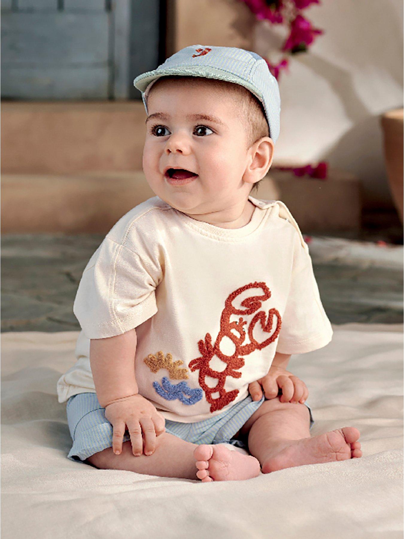 Image 2 of 7 of Mamas & Papas Baby Boys 2 Piece Lobster T-shirt & Shorts Outfit Set - Blue
