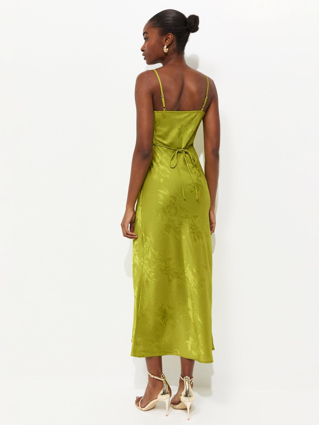 Image 2 of 5 of New Look Floral Jacquard Cowl Neck Strappy Midi Dress - Bright Green