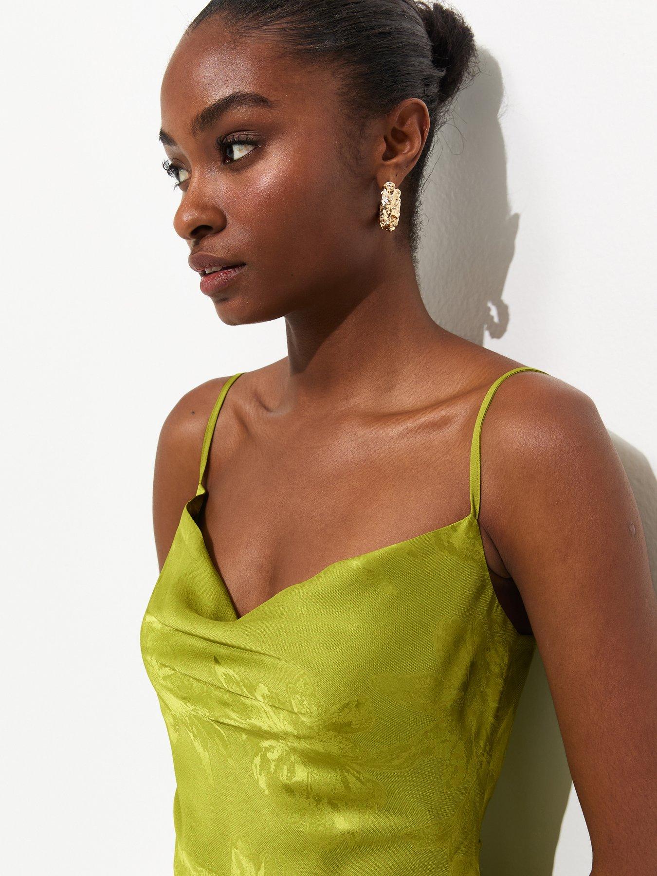 Image 4 of 5 of New Look Floral Jacquard Cowl Neck Strappy Midi Dress - Bright Green