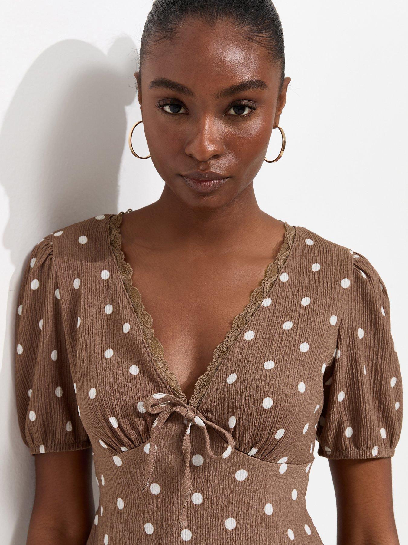 New Look Polka Dot Lace Trim Mini Dress - Brown | Very