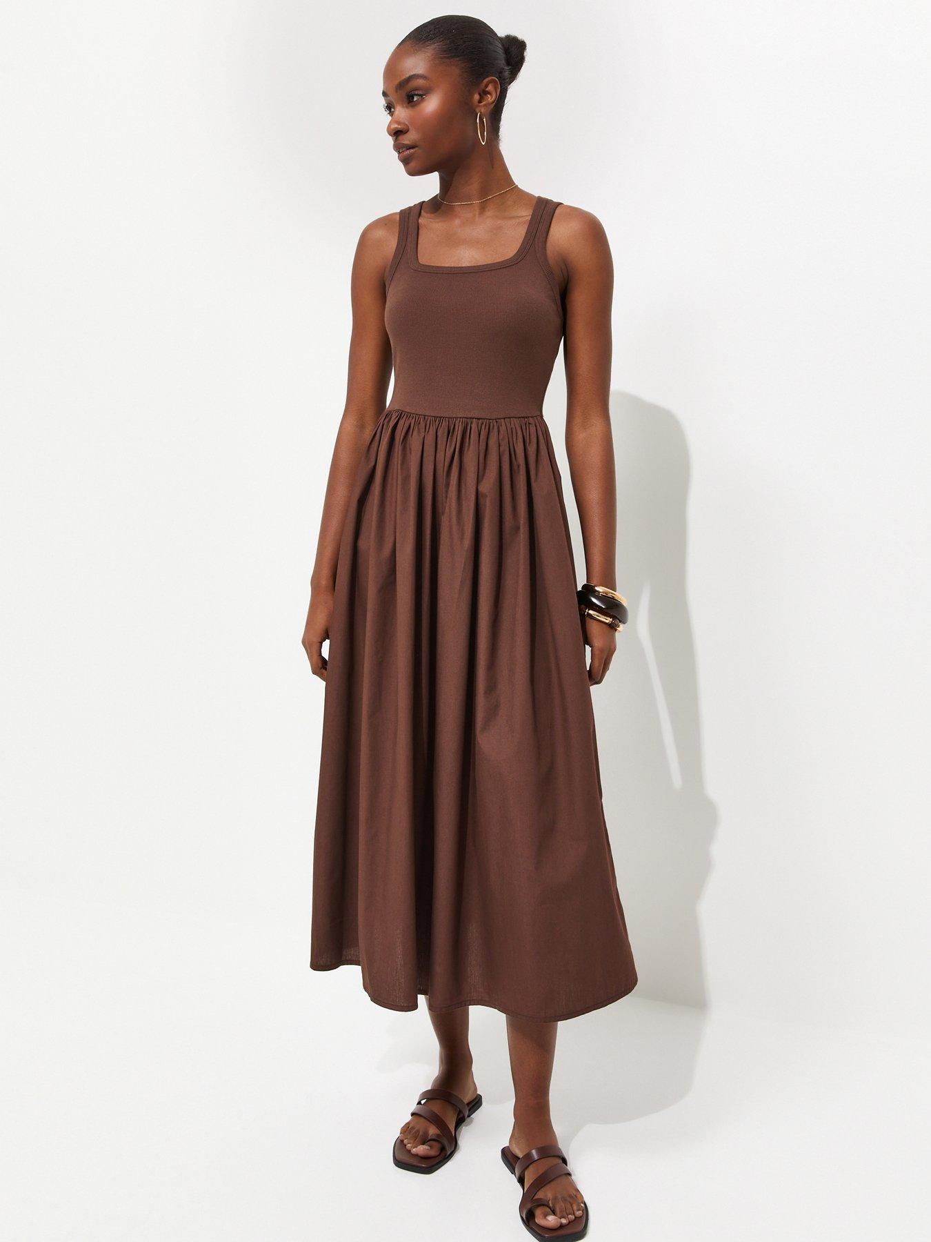 Image 1 of 5 of New Look Dark Brown 2-in-1 Poplin Midi Dress
