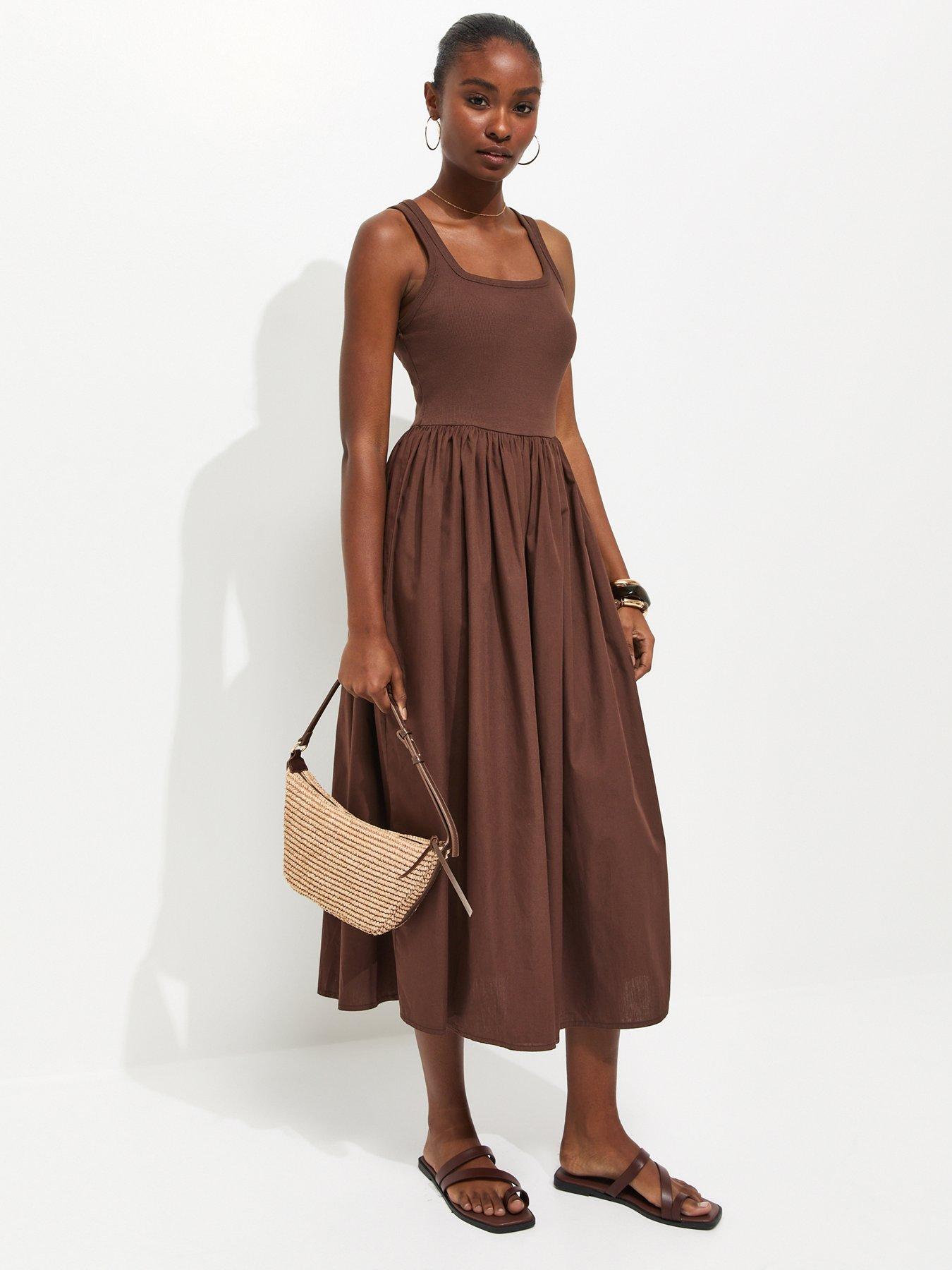 Image 3 of 5 of New Look Dark Brown 2-in-1 Poplin Midi Dress