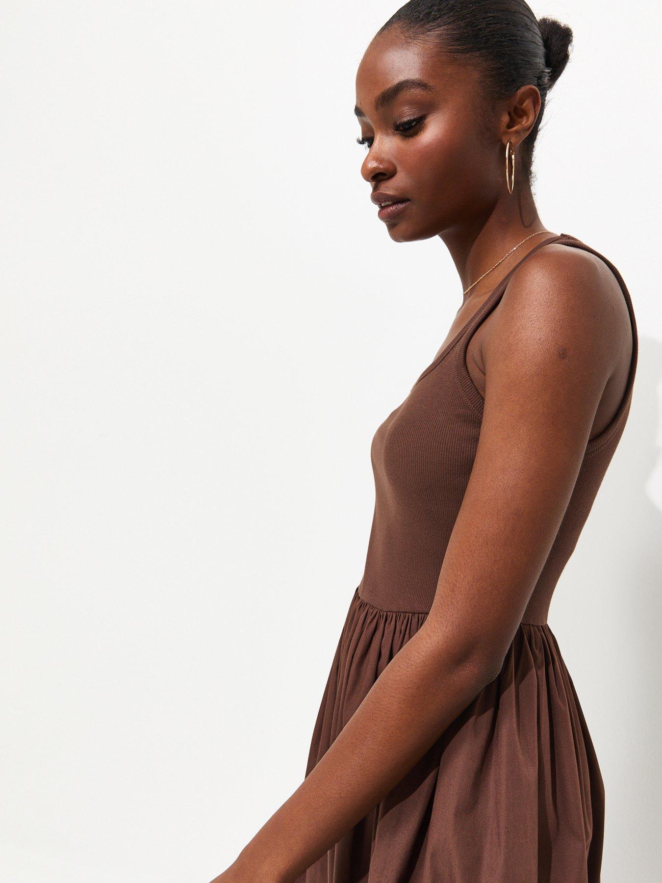 Image 4 of 5 of New Look Dark Brown 2-in-1 Poplin Midi Dress