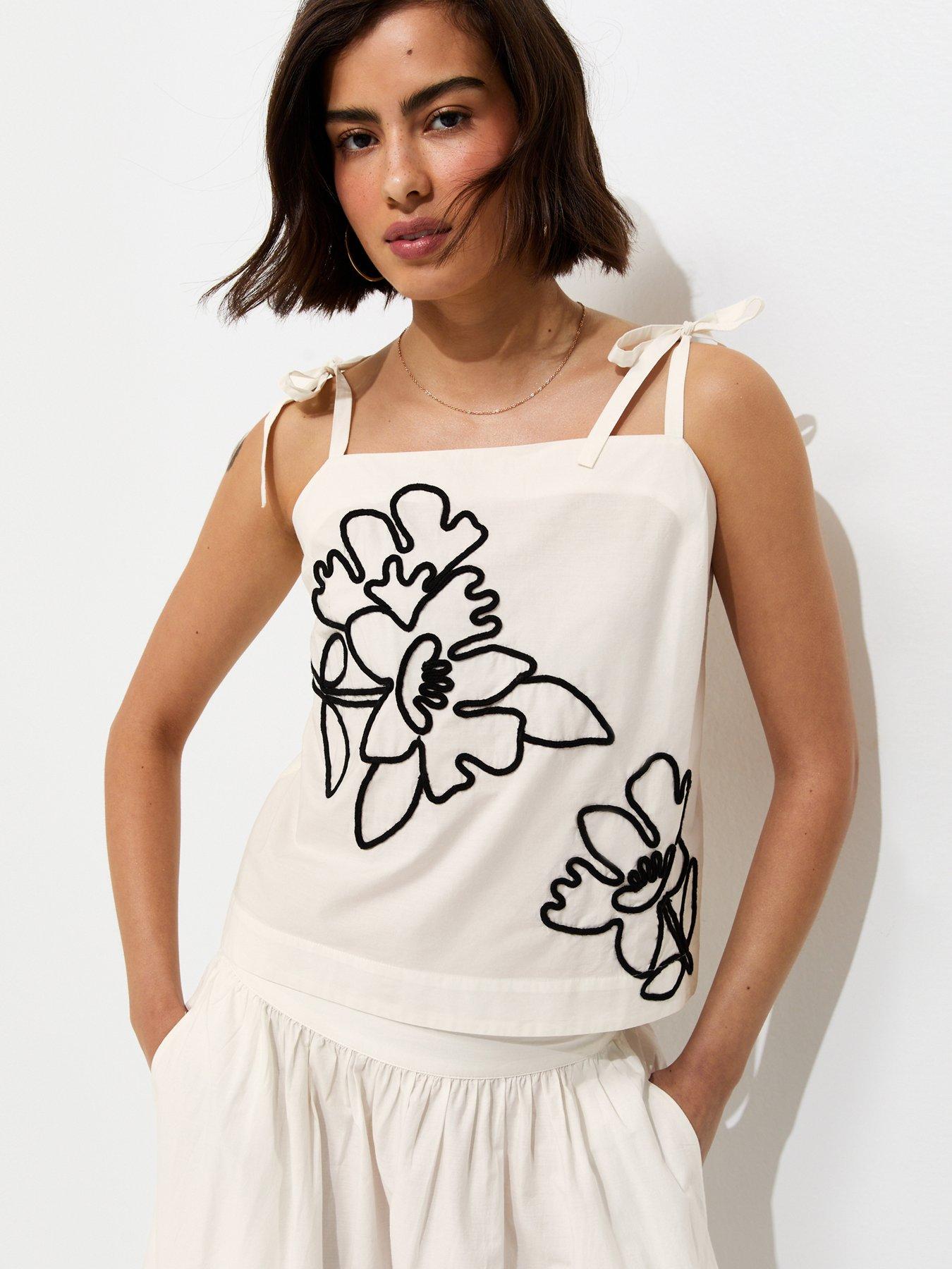 Image 1 of 5 of New Look White Cotton Cornelli Pattern Tie Cami Top - Cream
