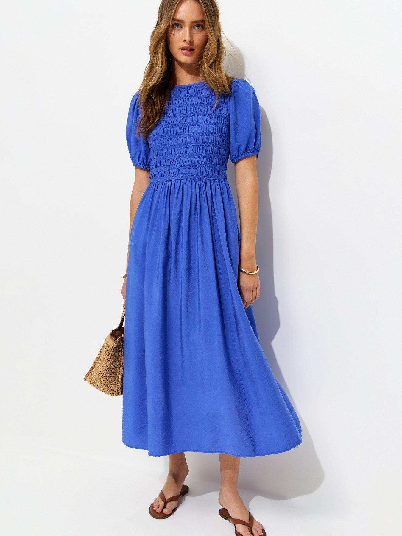 new look blue dress Shirred Body Short Sleeve Midi - Bright wedding new look dresses Reformation Afton Short-Sleeve A-Line Solid Turquoise Blue Size:36 (FR)