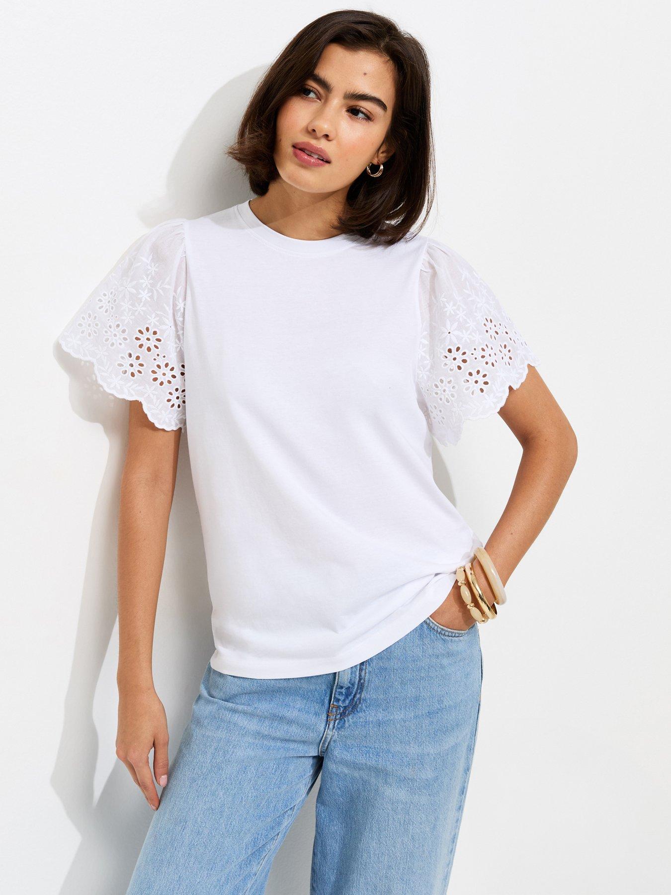 New Look Broderie Anglaise Sleeve T-Shirt - White