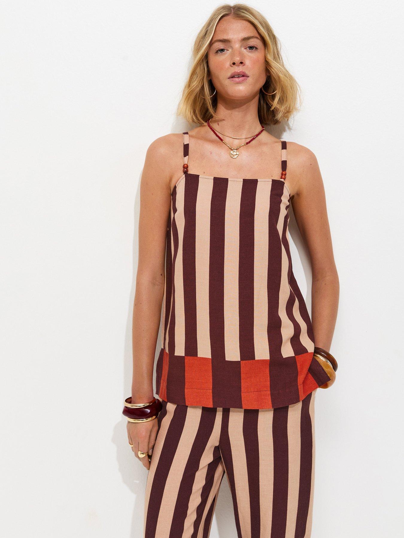 Image 1 of 5 of New Look Striped With Linen Longline Co-Ord Cami Top - Brown