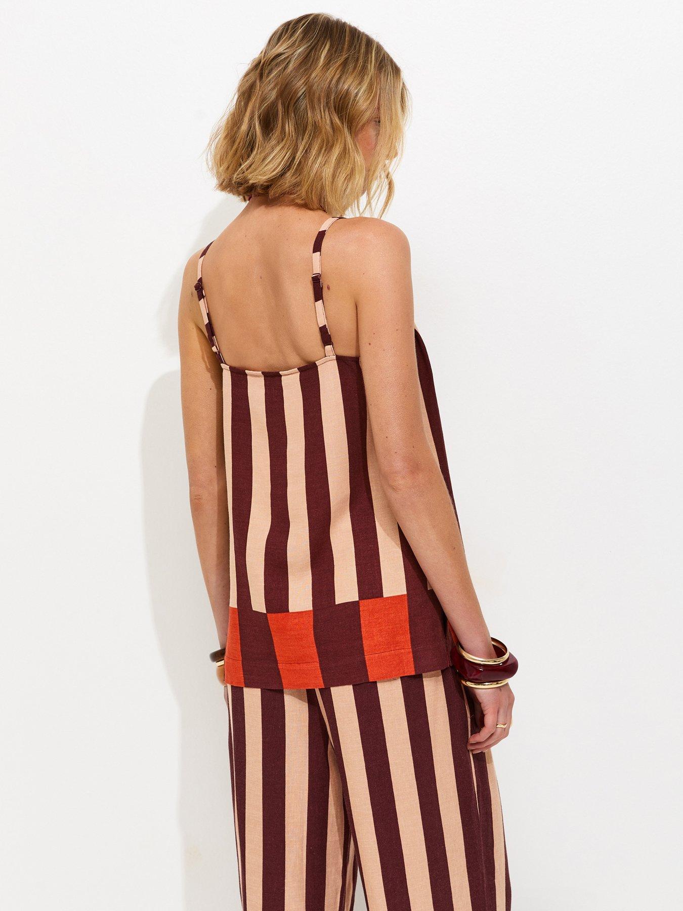 Image 2 of 5 of New Look Striped With Linen Longline Co-Ord Cami Top - Brown