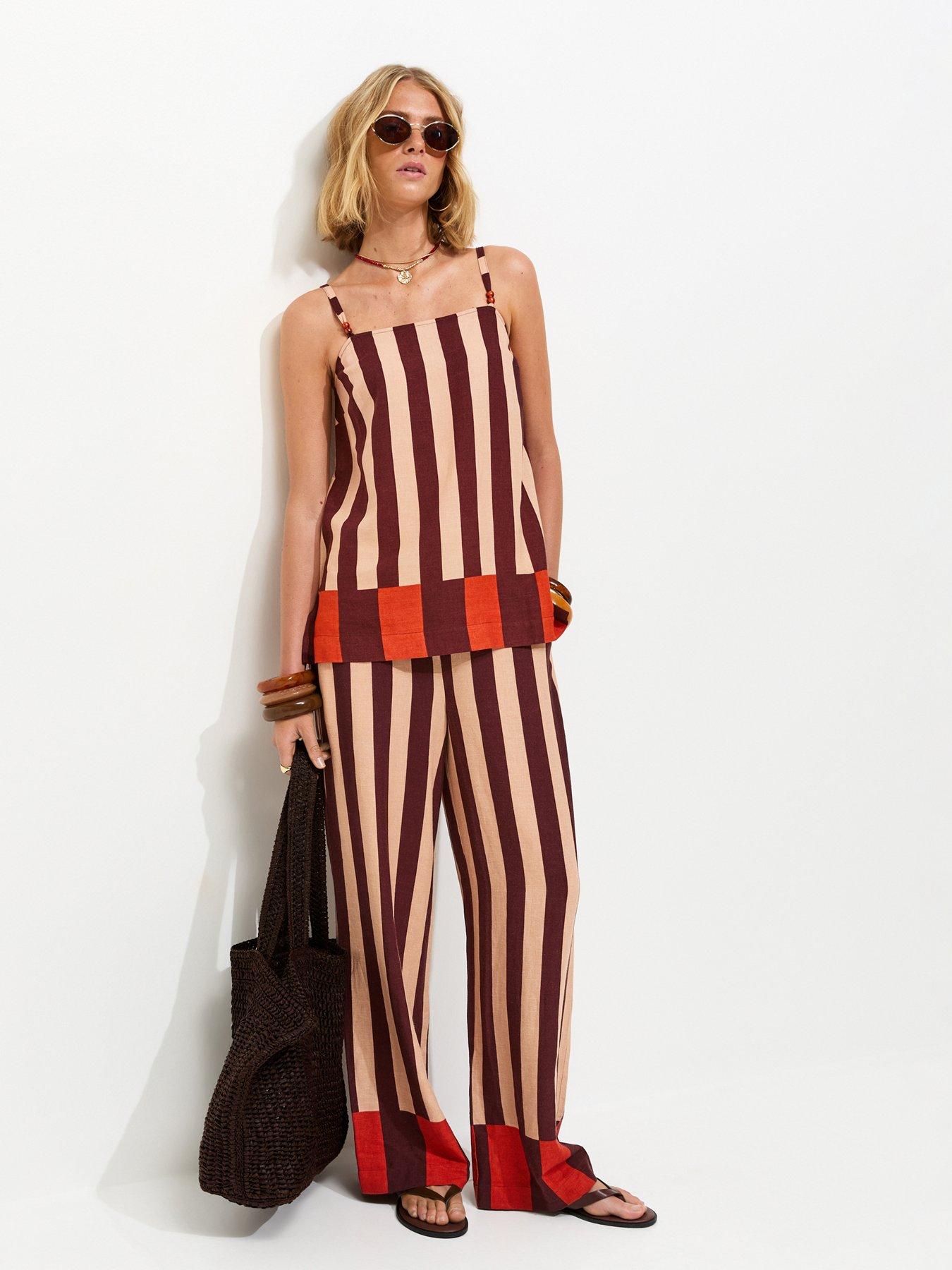 Image 3 of 5 of New Look Striped With Linen Longline Co-Ord Cami Top - Brown