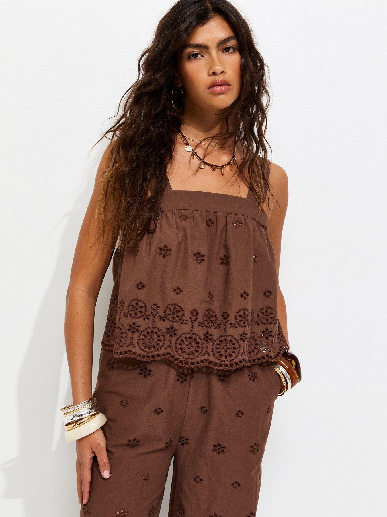 New Look Dark Brown Cotton Broderie Embroidered Scalloped Hem Co-ord Cami Top