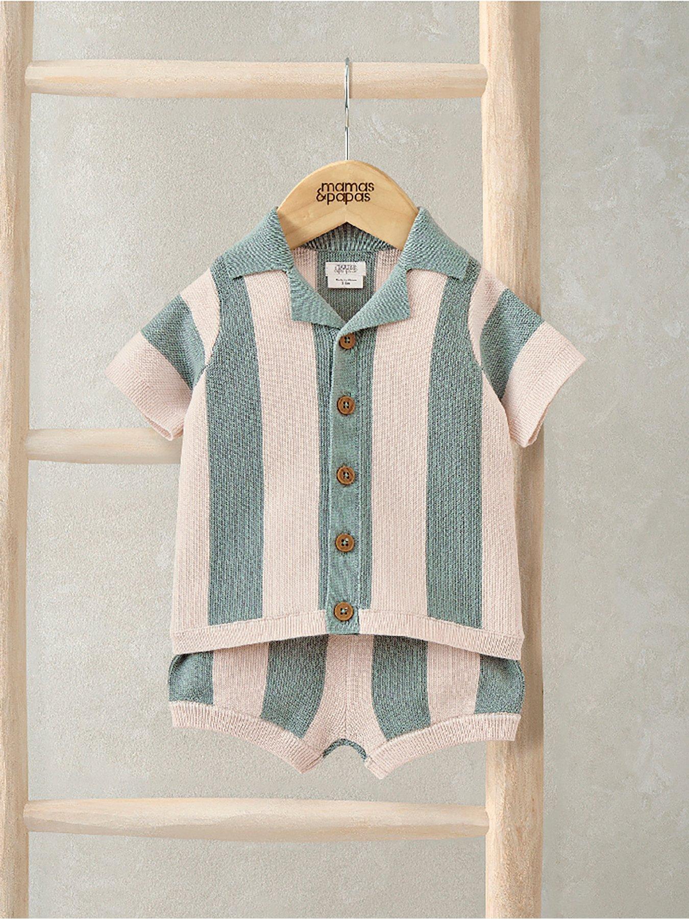 Mamas & Papas Baby Boys 2 Piece Stripe Knitted Short Sleeve Top & Shorts Set - Green
