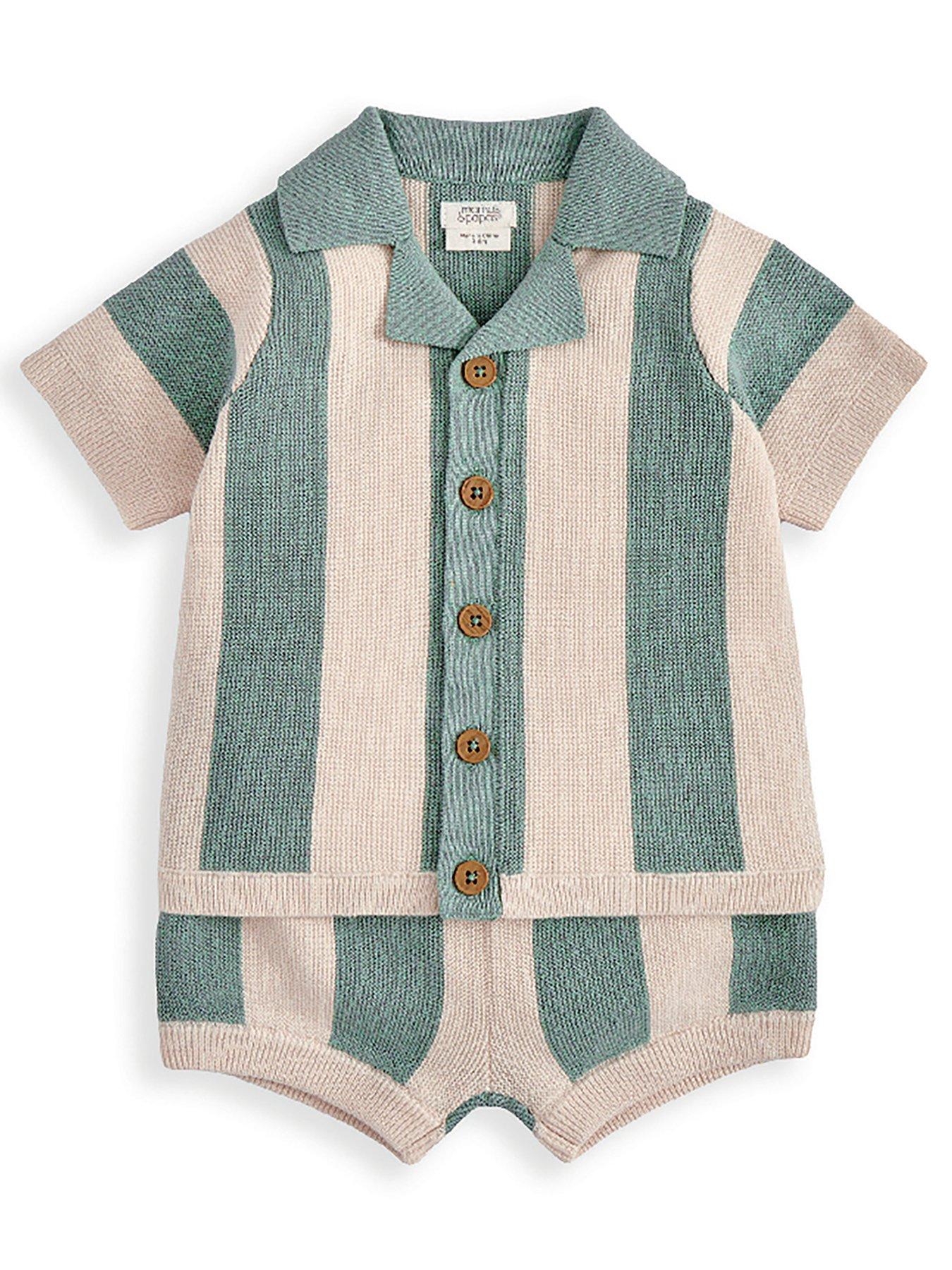 Image 2 of 5 of Mamas & Papas Baby Boys 2 Piece Stripe Knitted Short Sleeve Top & Shorts Set - Green