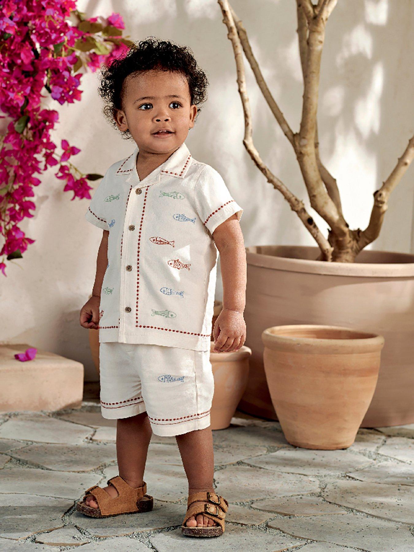 Mamas & Papas Baby Boys Sardine Embroidered Top & Shorts Set - Cream