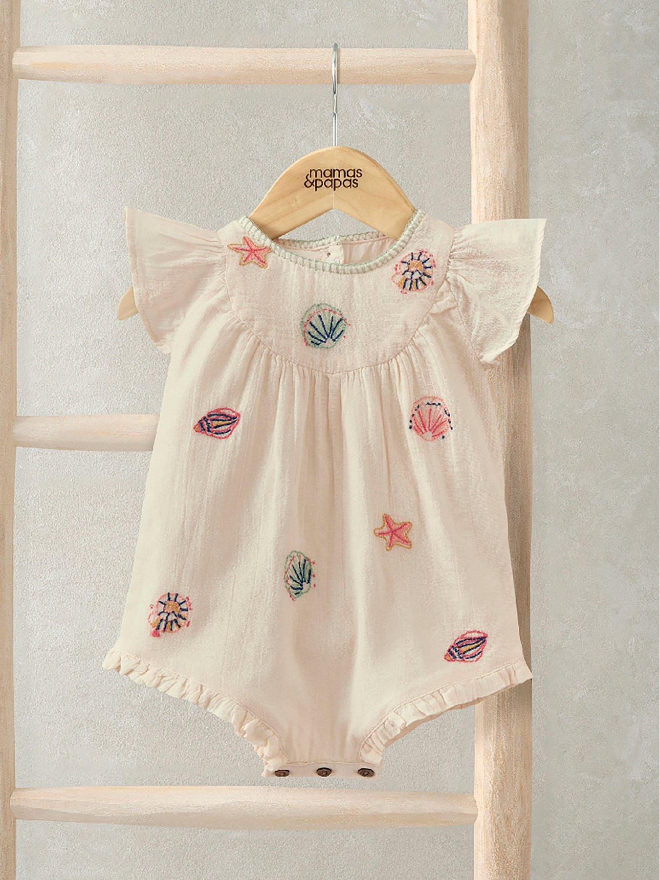 Mamas & Papas Baby Girls Sea Shell Embroidered Romper, Pink, Size 0-3 Months