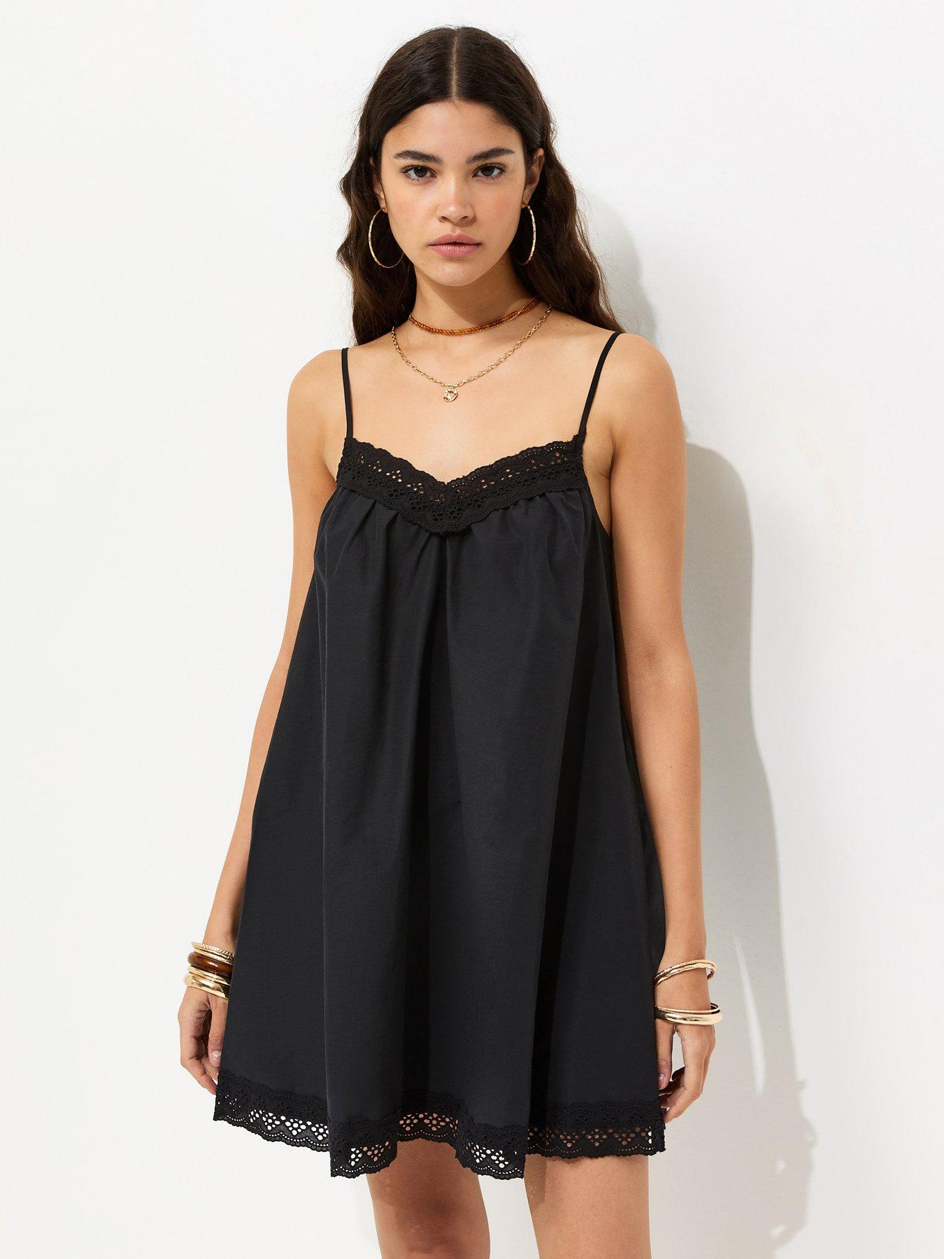 New Look Cotton Rich Lace Trim Strappy Smock Mini Dress - Black