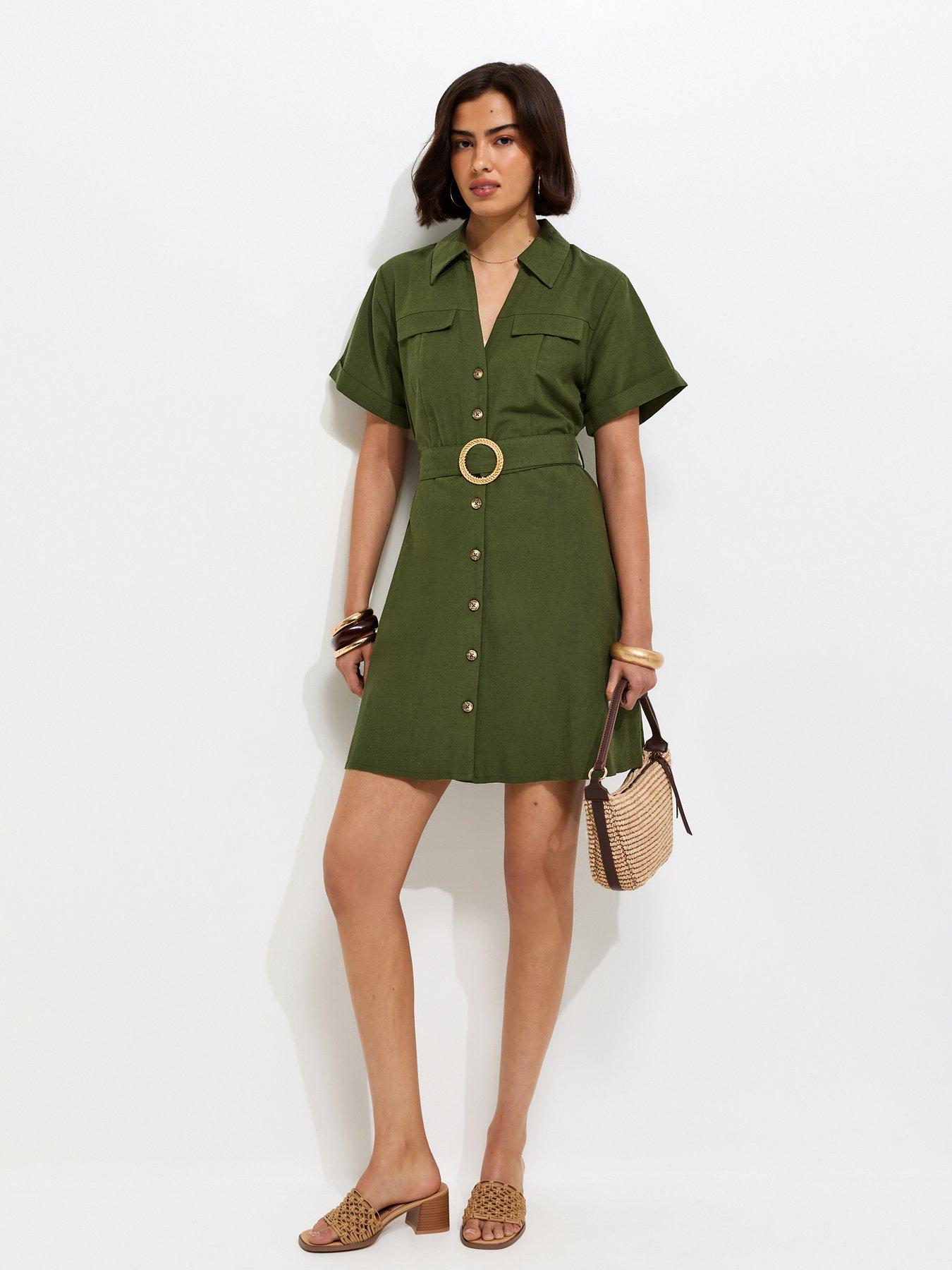 Image 3 of 5 of New Look Cotton Belted Mini Shirt Dress - Khaki