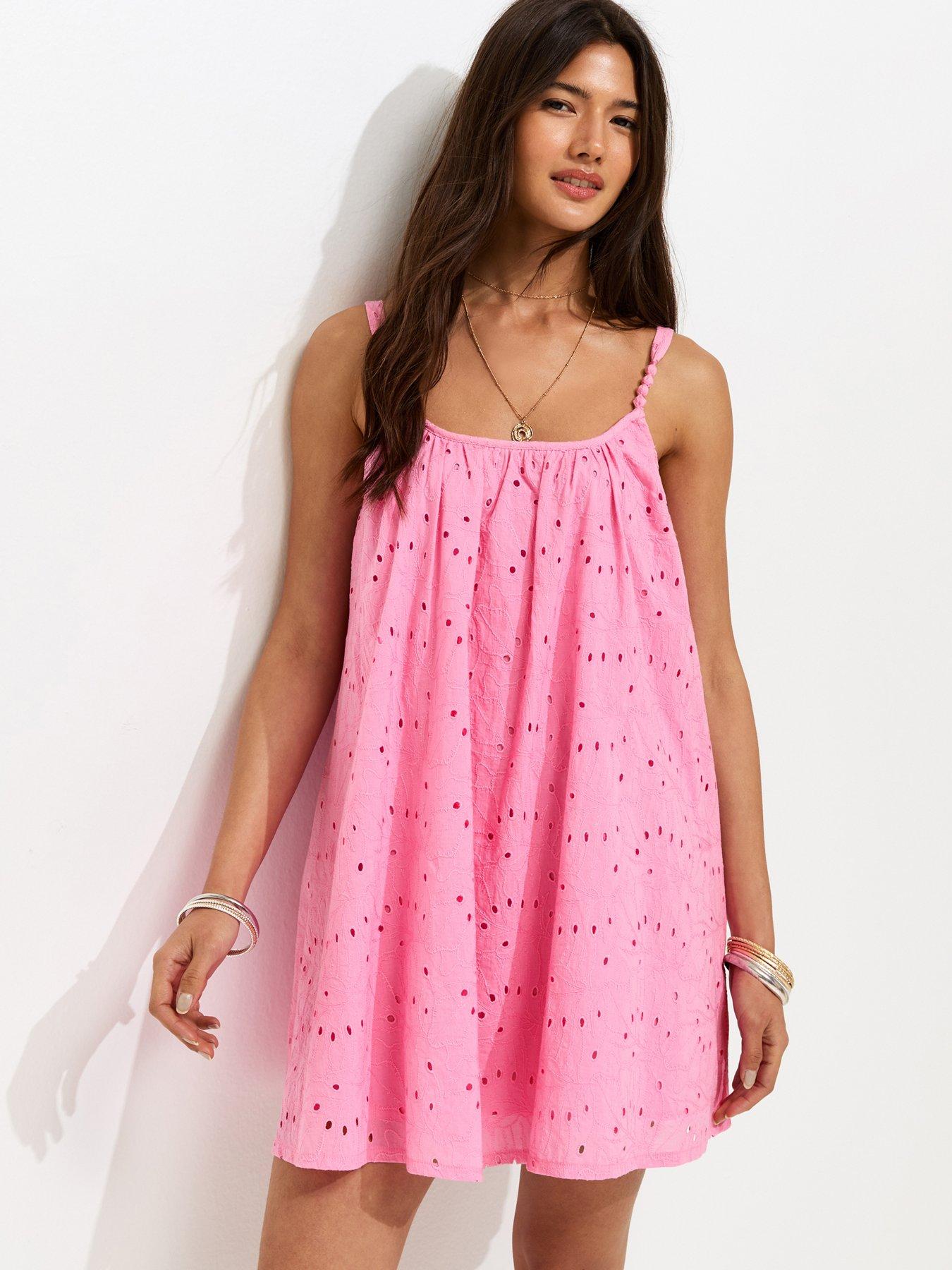 New Look Cotton Broderie Anglaise Beaded Smock Mini Dress - Pink