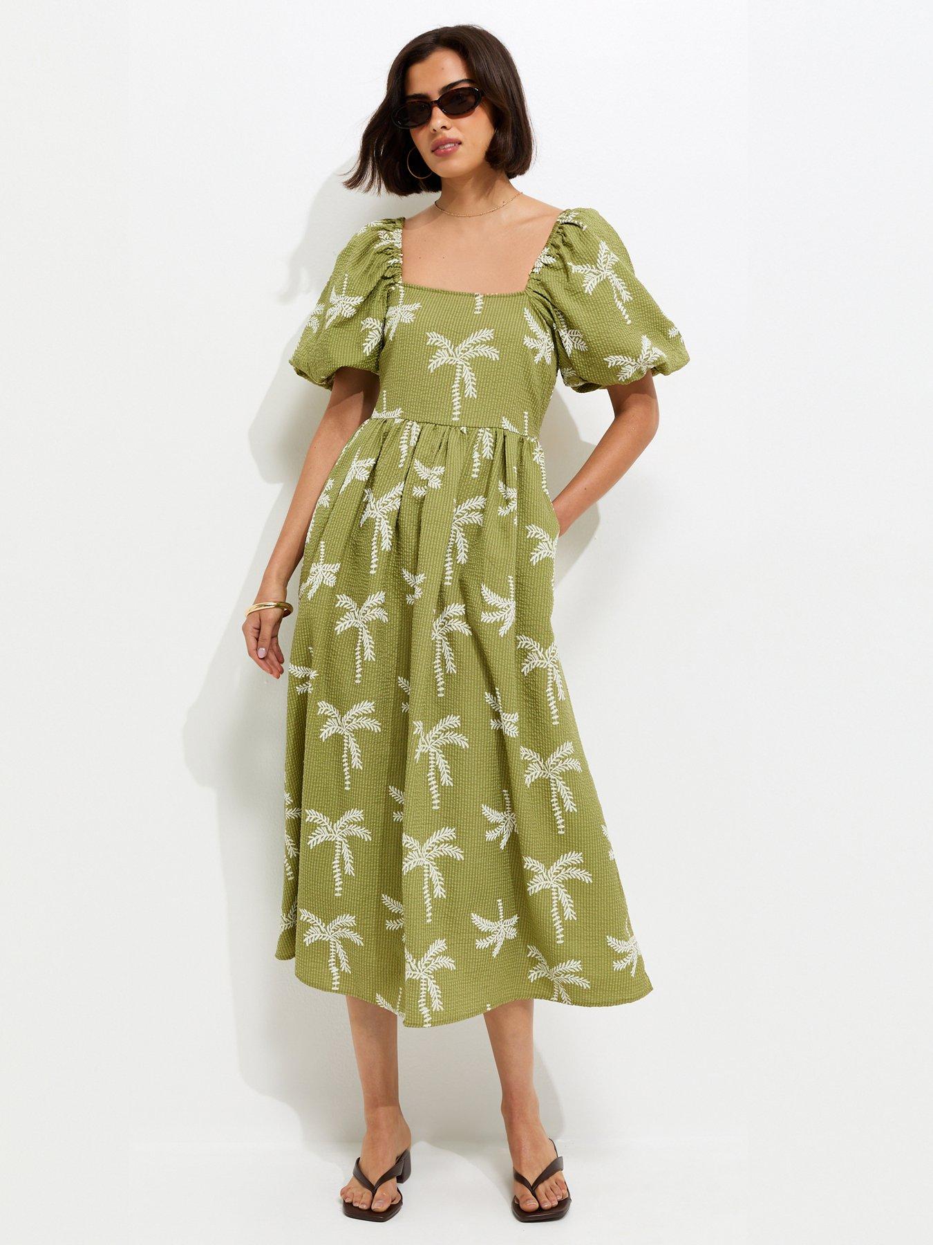 New Look Embroidered Palm Tree Puff Sleeve Midi Dress - Green