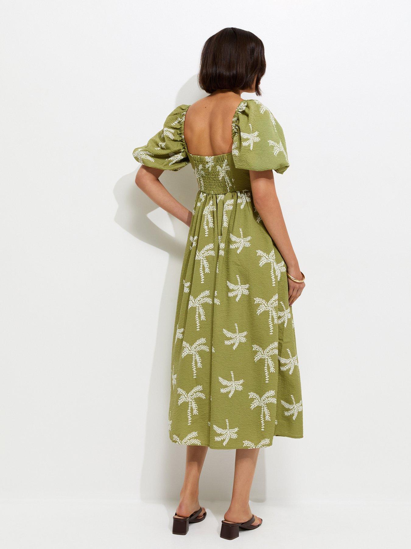 New Look Green Embroidered Palm Tree Puff Sleeve Midi Dress | Very