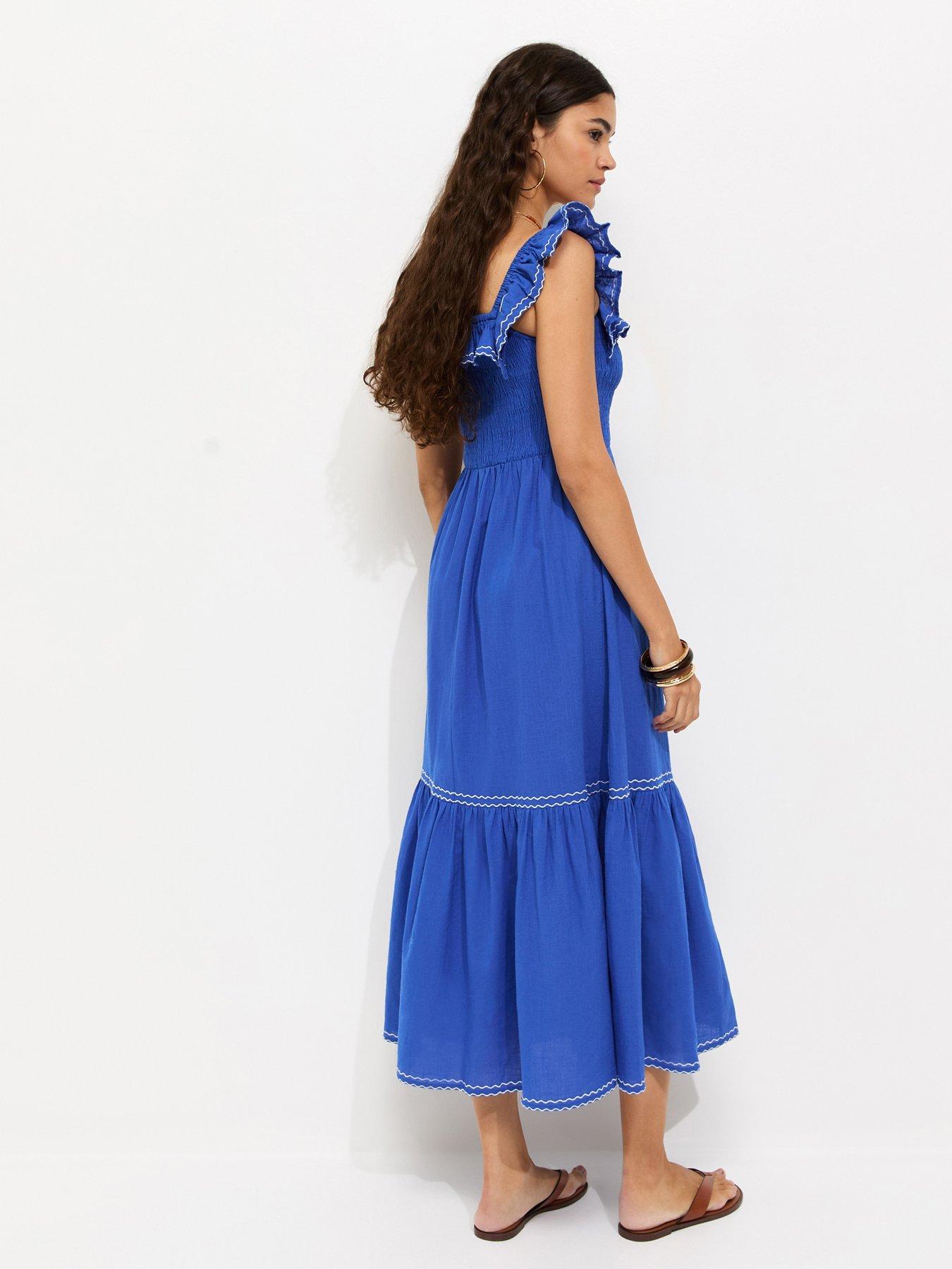 New Look Cotton Embroidered Ruffle Trim Midi Dress - Blue | Very