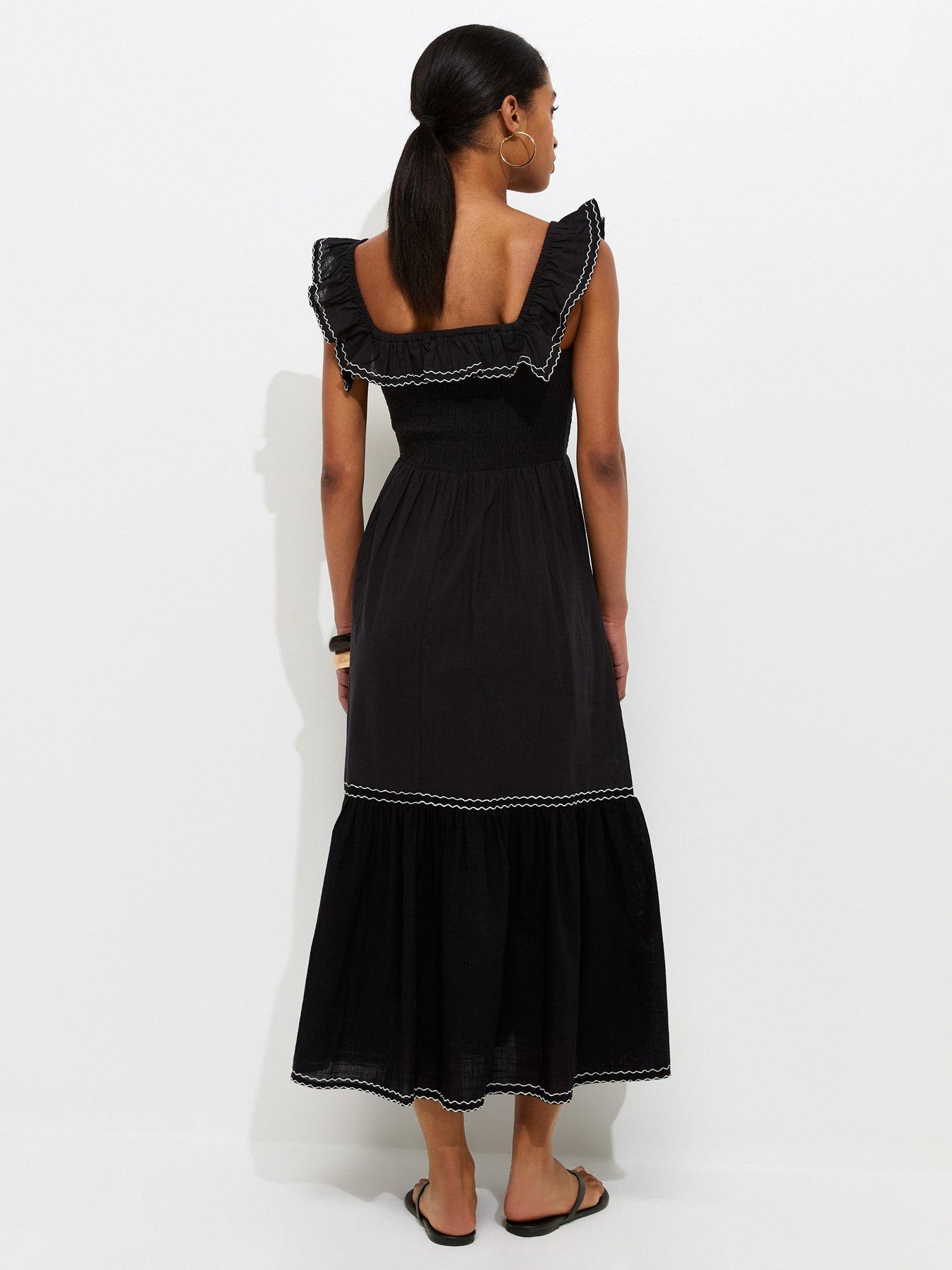 Image 2 of 6 of New Look Cotton Embroidered Ruffle Trim Midi Dress - Black