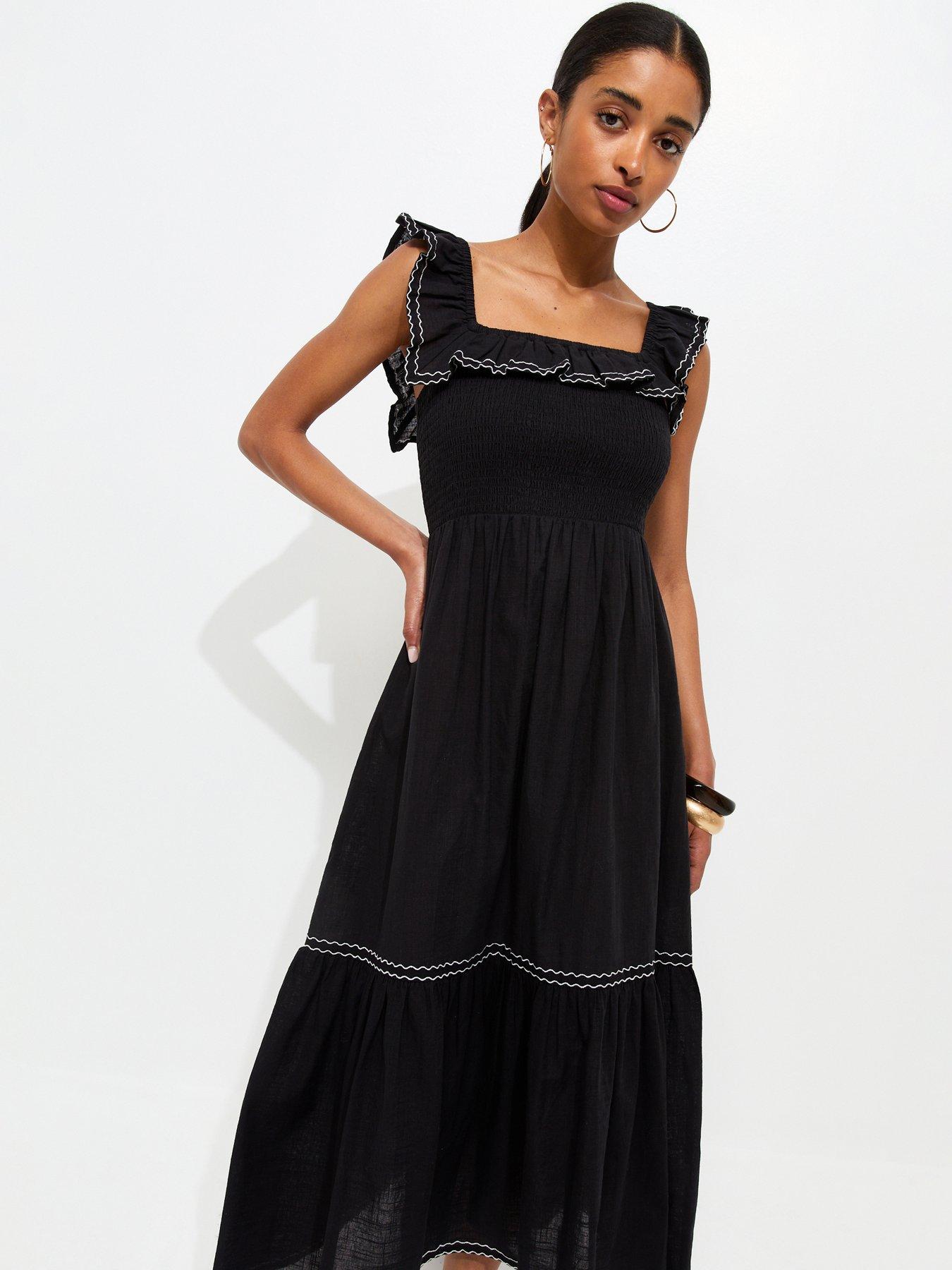 Image 3 of 6 of New Look Cotton Embroidered Ruffle Trim Midi Dress - Black