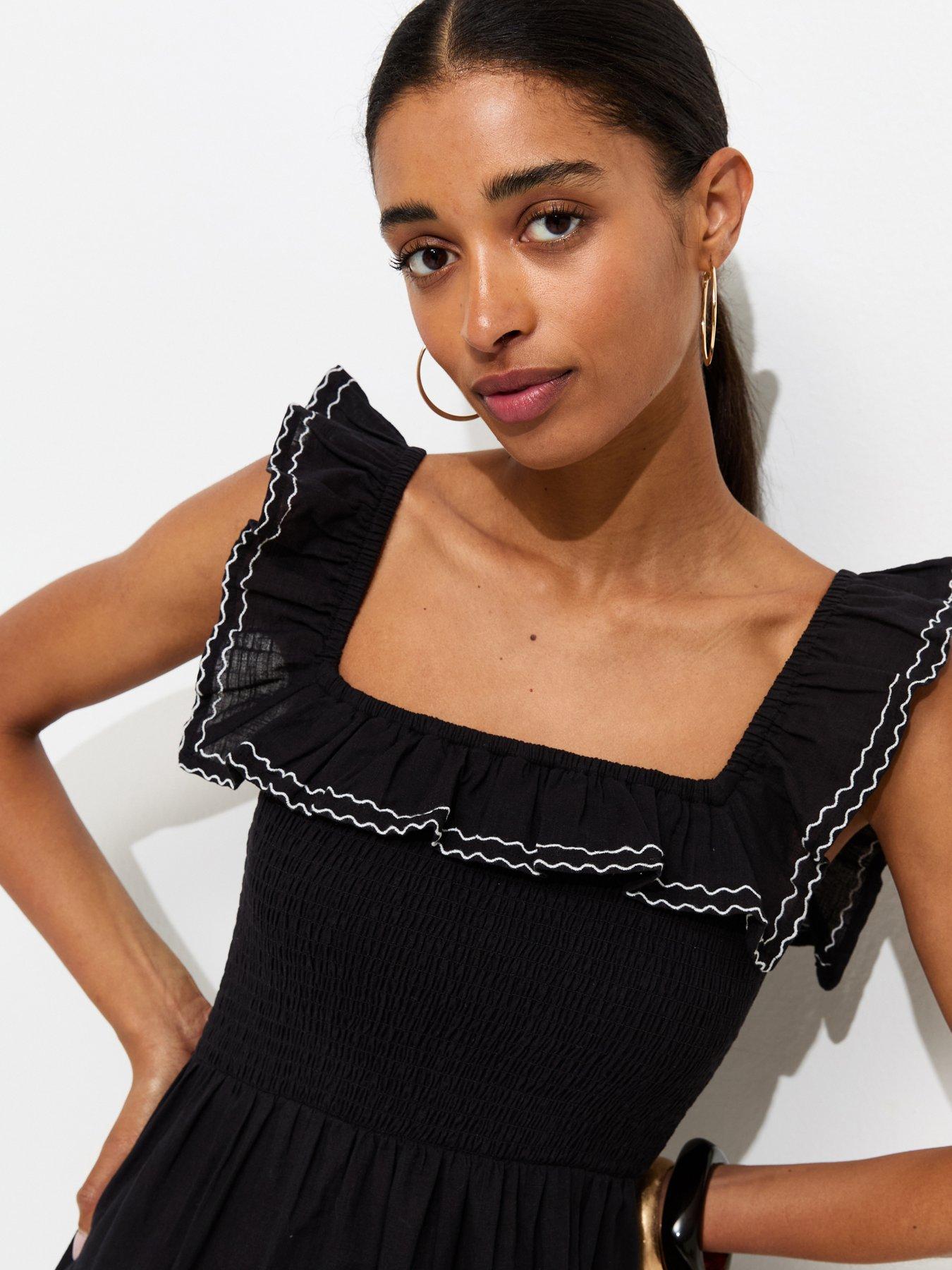 Image 4 of 6 of New Look Cotton Embroidered Ruffle Trim Midi Dress - Black