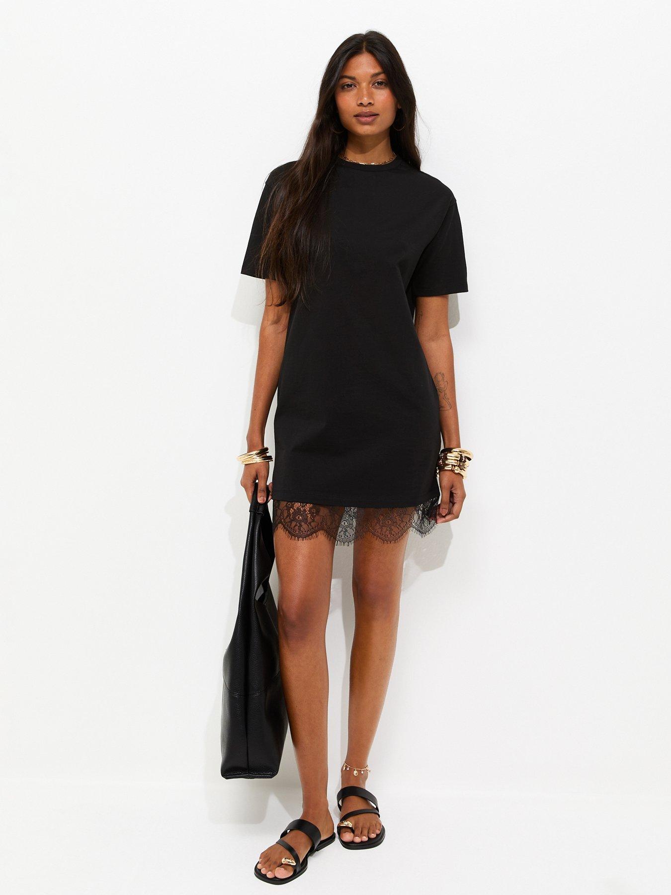 New Look Lucy Lace Hem T-Shirt Mini Dress - Black | Very