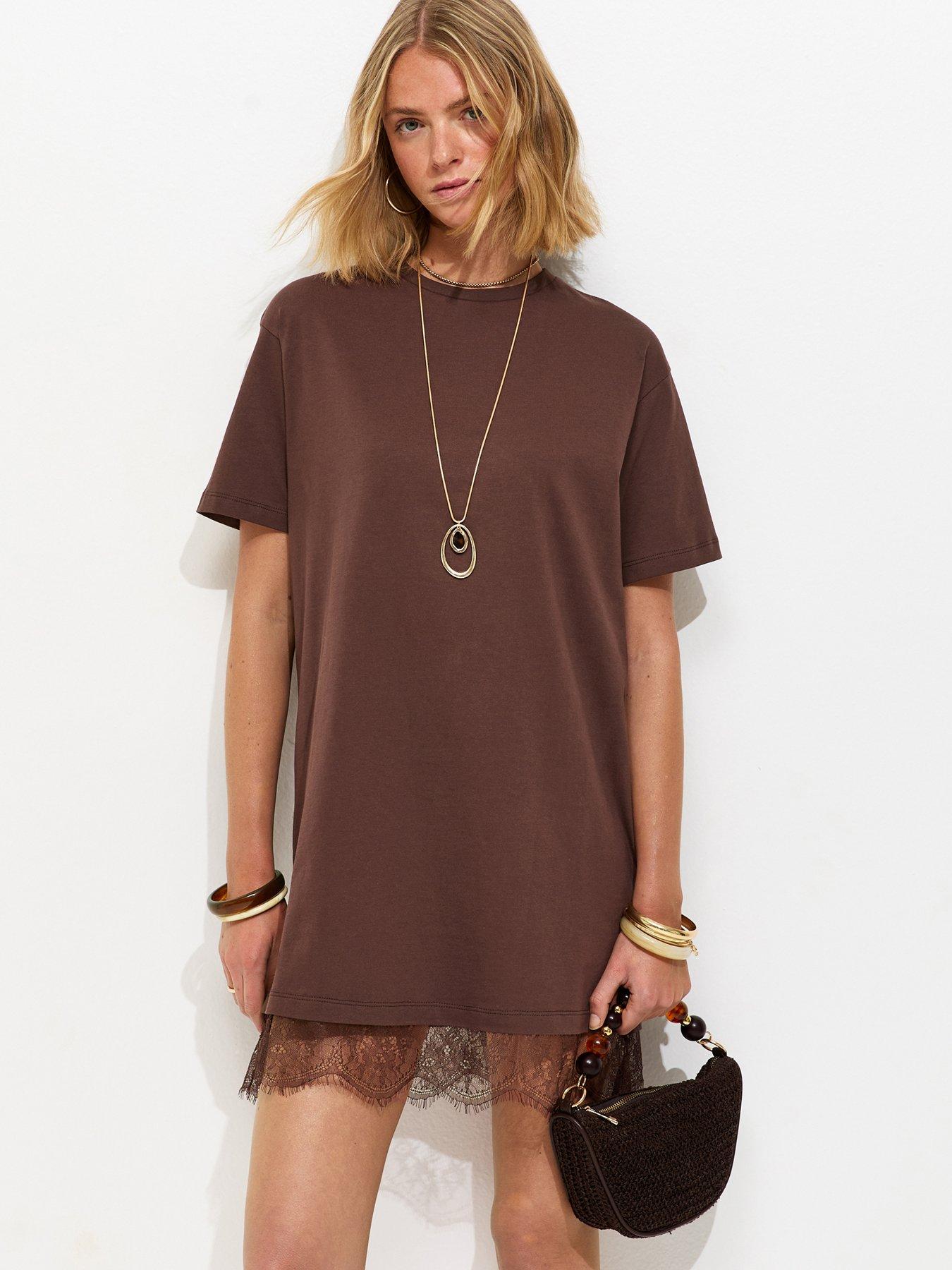 New Look Lucy Lace Hem T-Shirt Mini Dress - Brown