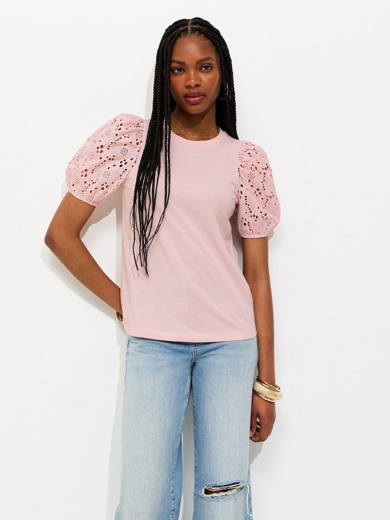 Image 1 of 5 of New Look Broderie Anglaise Puff Sleeve Top - Light Pink