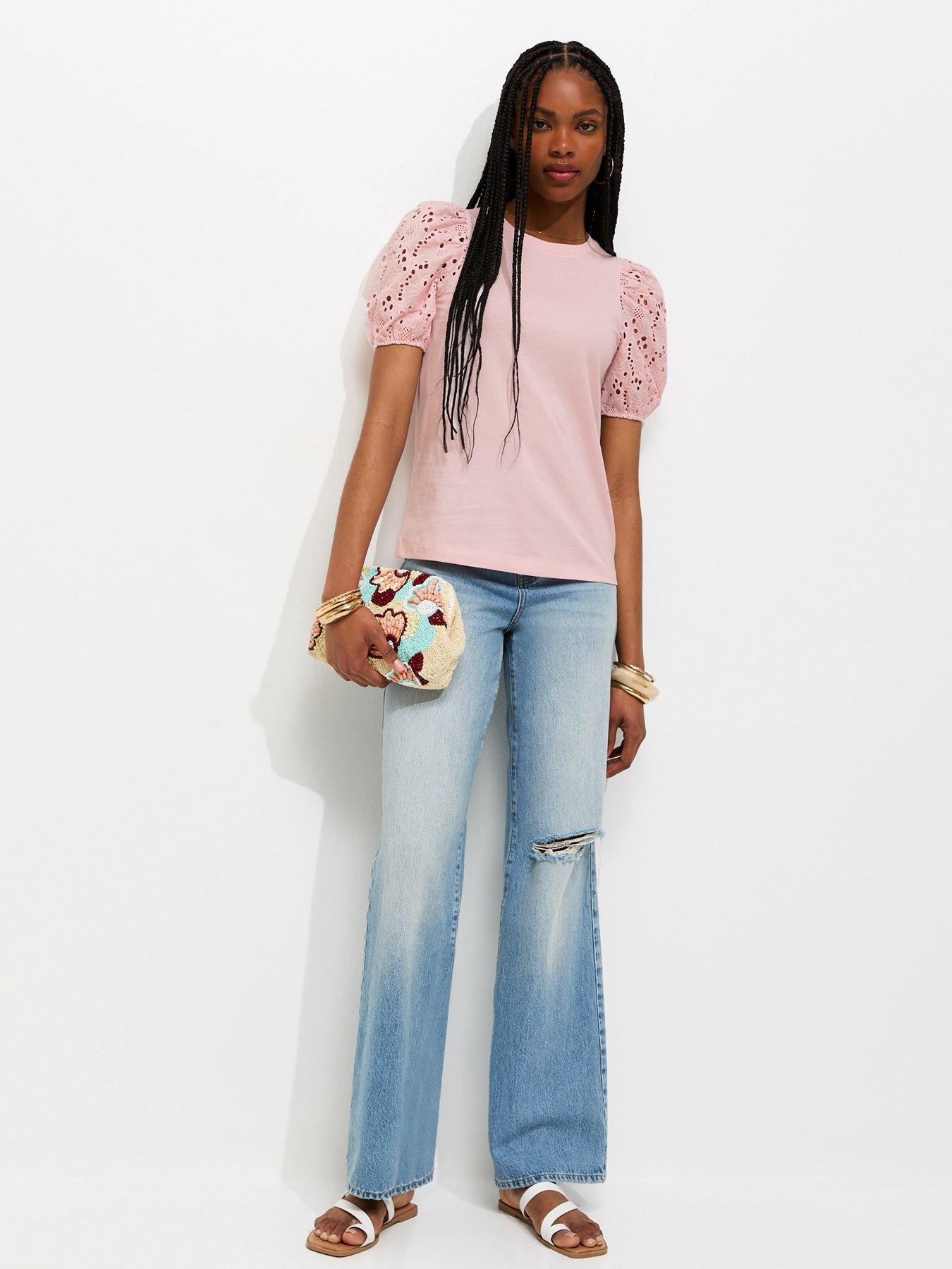 Image 3 of 5 of New Look Broderie Anglaise Puff Sleeve Top - Light Pink