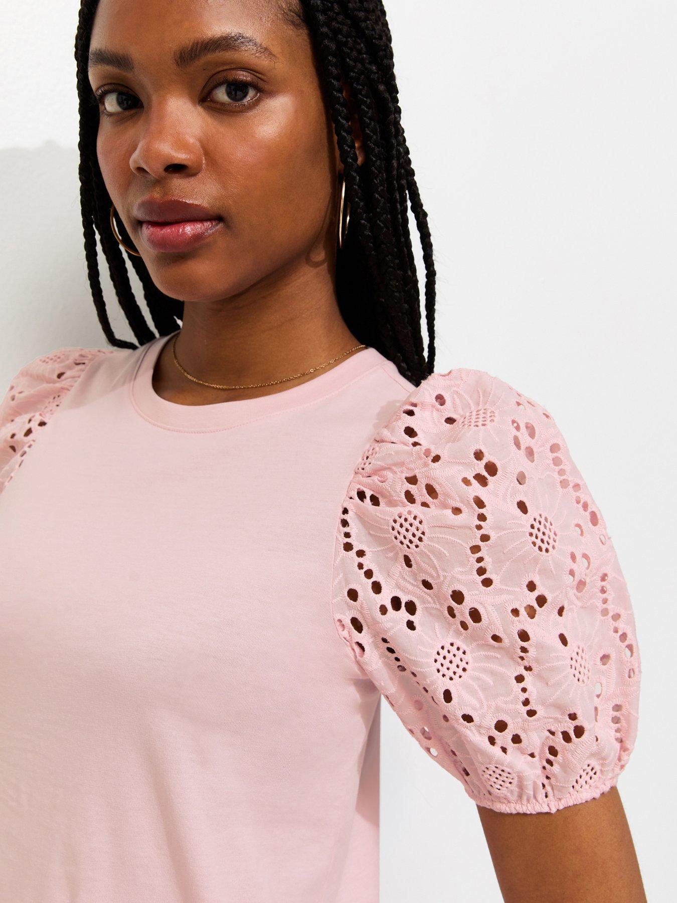 Image 4 of 5 of New Look Broderie Anglaise Puff Sleeve Top - Light Pink