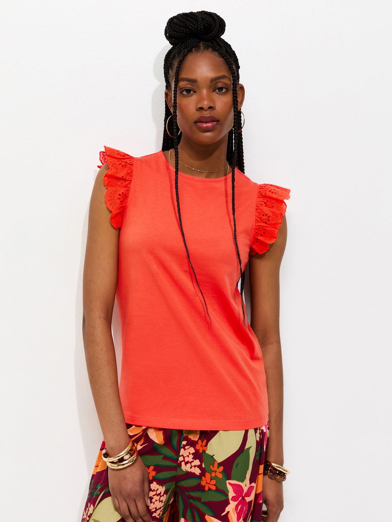 Image 1 of 5 of New Look Broderie Frill Sleeve Top - Bright Orange