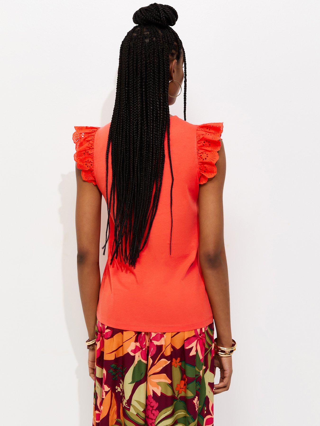 Image 2 of 5 of New Look Broderie Frill Sleeve Top - Bright Orange
