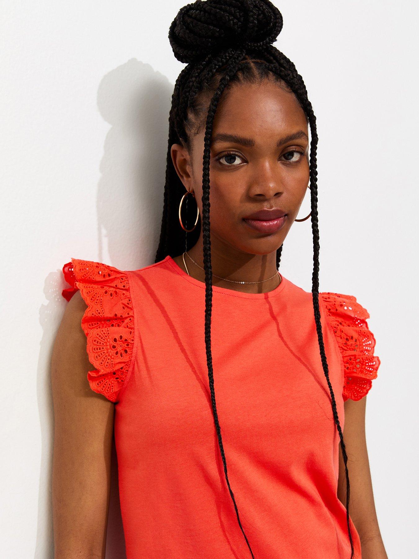 Image 4 of 5 of New Look Broderie Frill Sleeve Top - Bright Orange