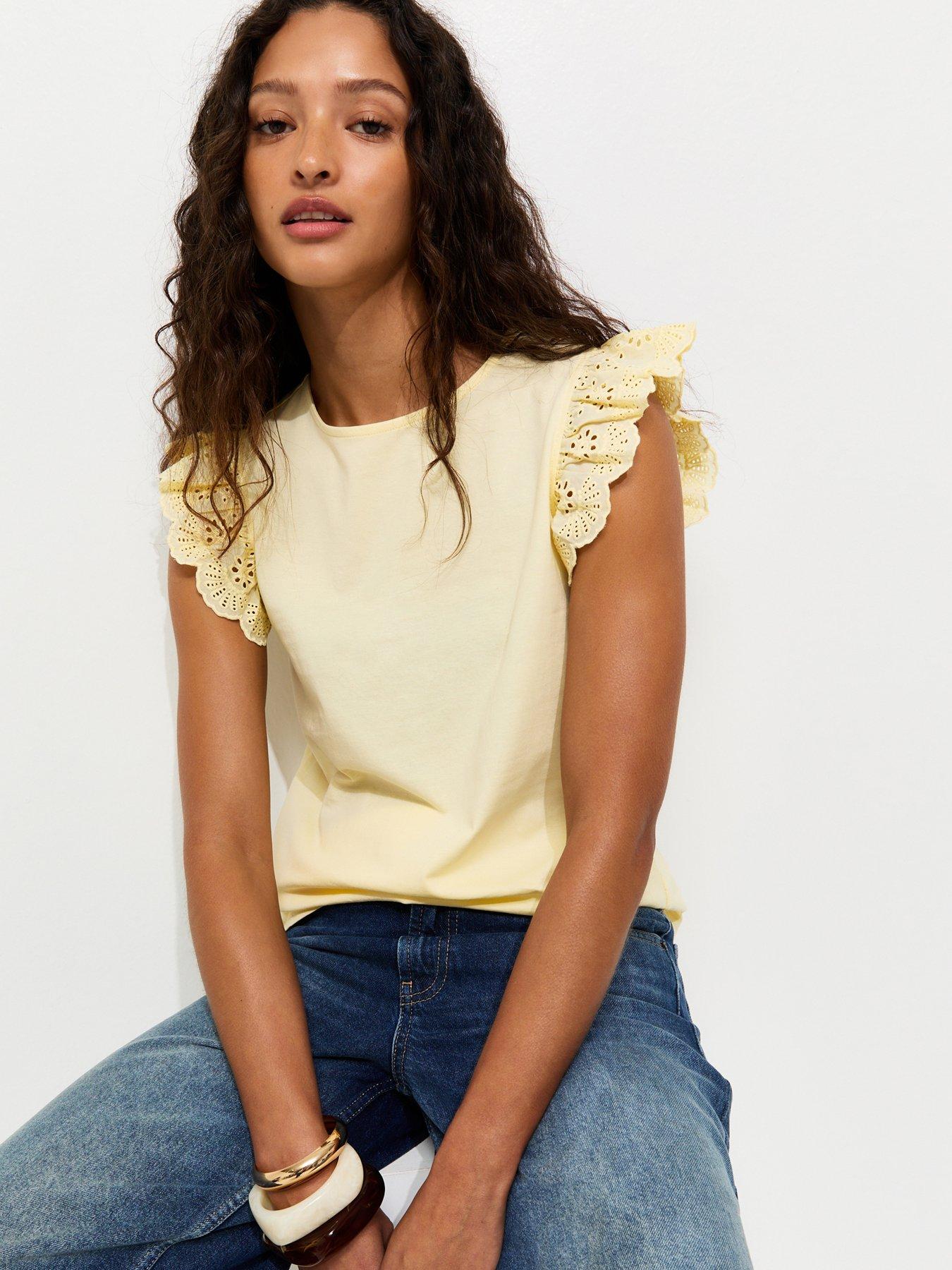 Image 1 of 5 of New Look Broderie Frill Sleeve Top - Light Yellow