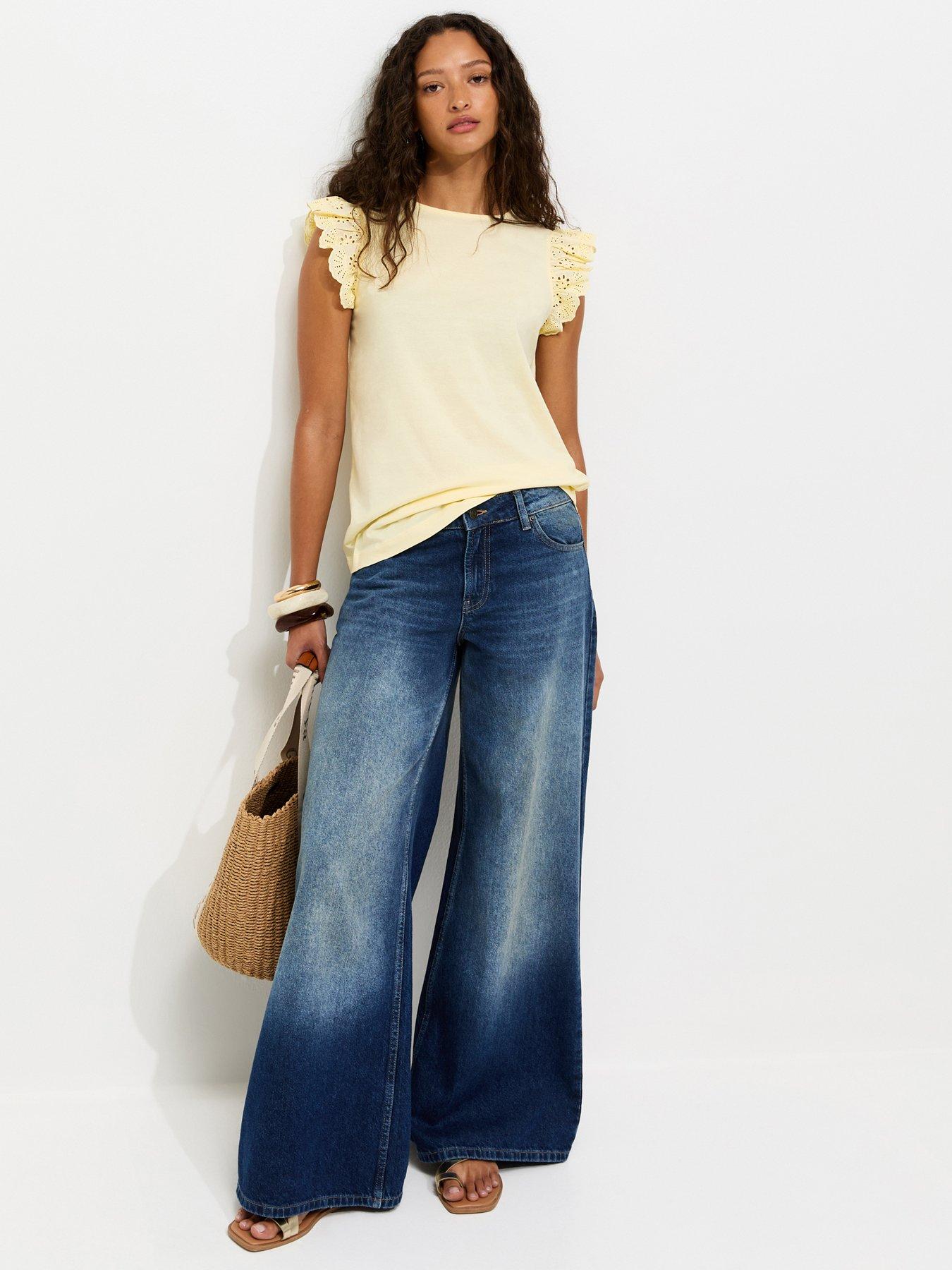 Image 3 of 5 of New Look Broderie Frill Sleeve Top - Light Yellow