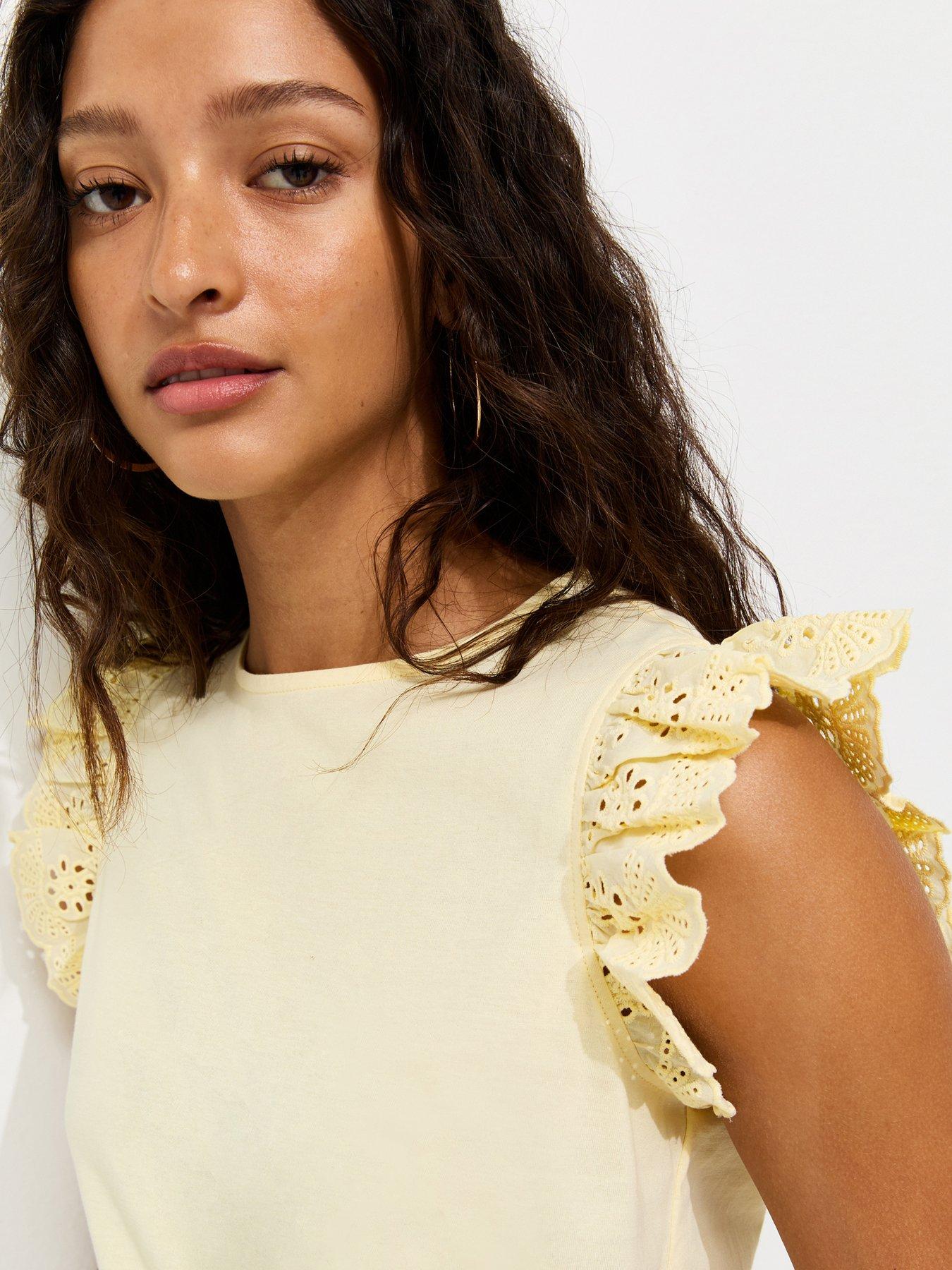 Image 4 of 5 of New Look Broderie Frill Sleeve Top - Light Yellow
