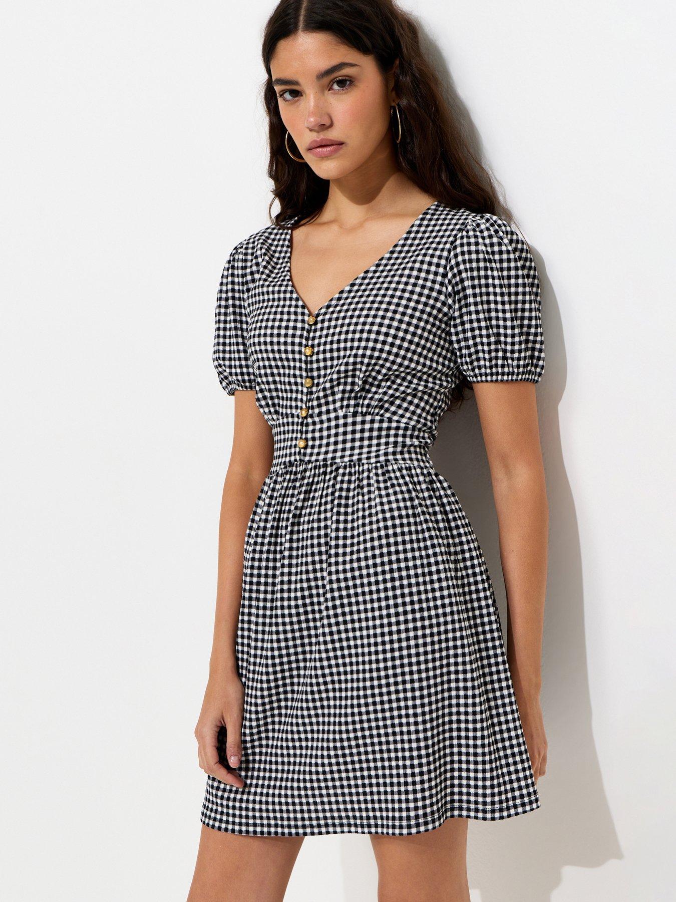 New Look Crinkled Texture Gingham Button Front Mini Dress - Black
