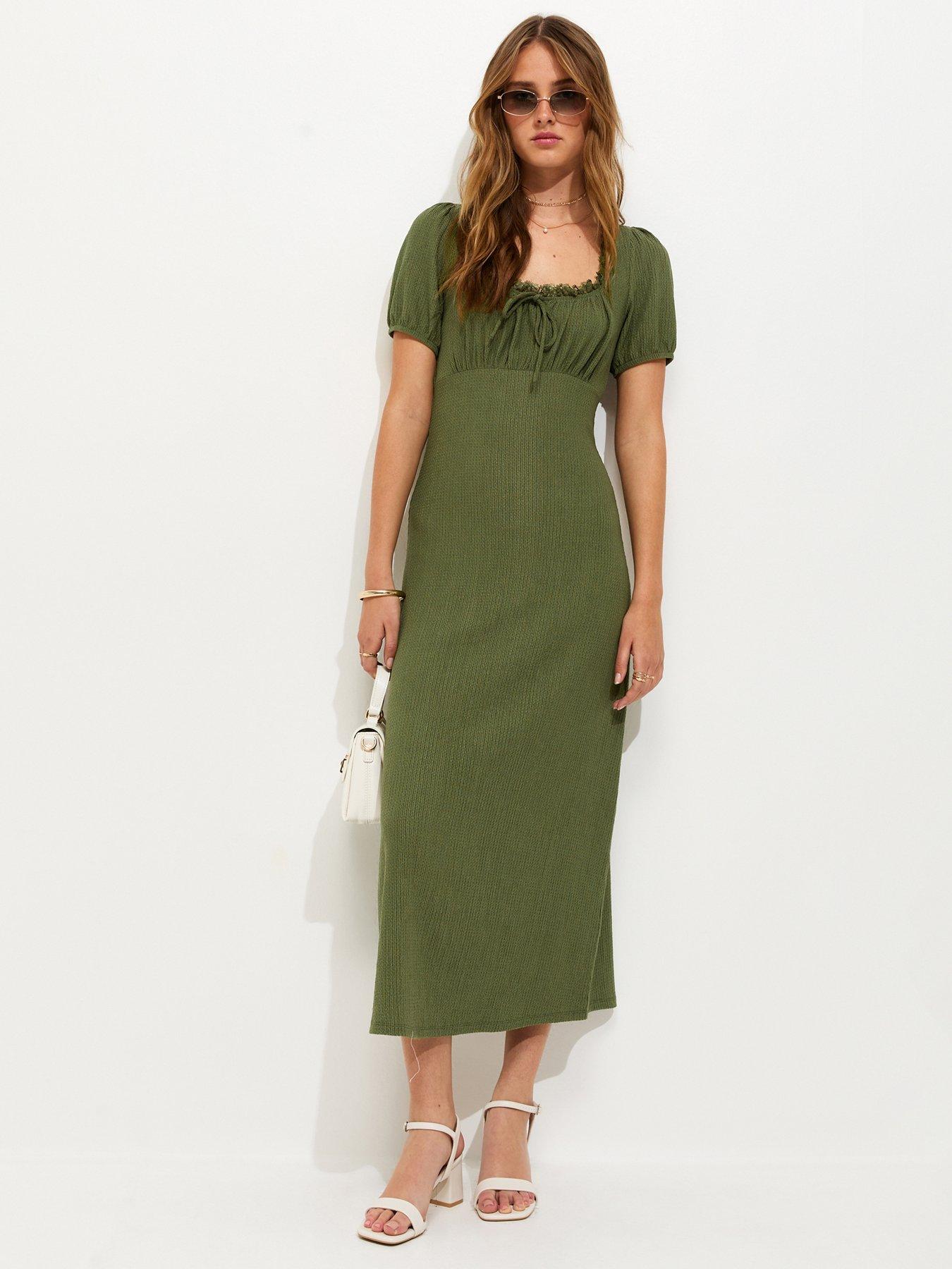 Image 1 of 6 of New Look Short Sleeve Milkmaid Midi Dress - Dark Khaki