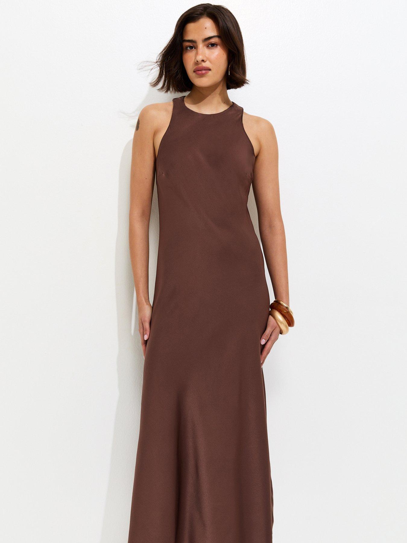 New Look Dark Brown Satin High Neck Maxi Dress | Very