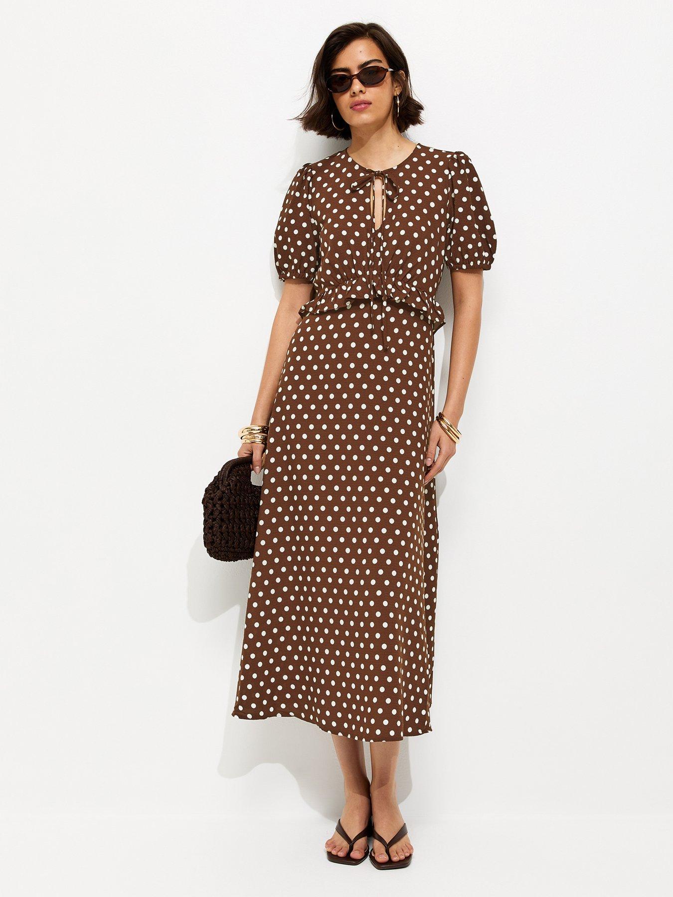 New Look Polka Dot Short Sleeve Keyhole Midi Dress - Brown | Very
