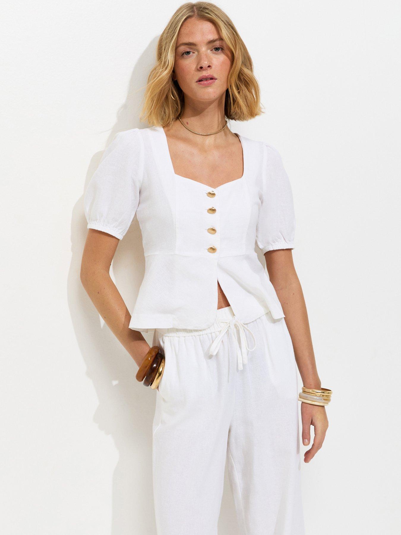 New Look White Linen Rich Shell Button Peplum Top