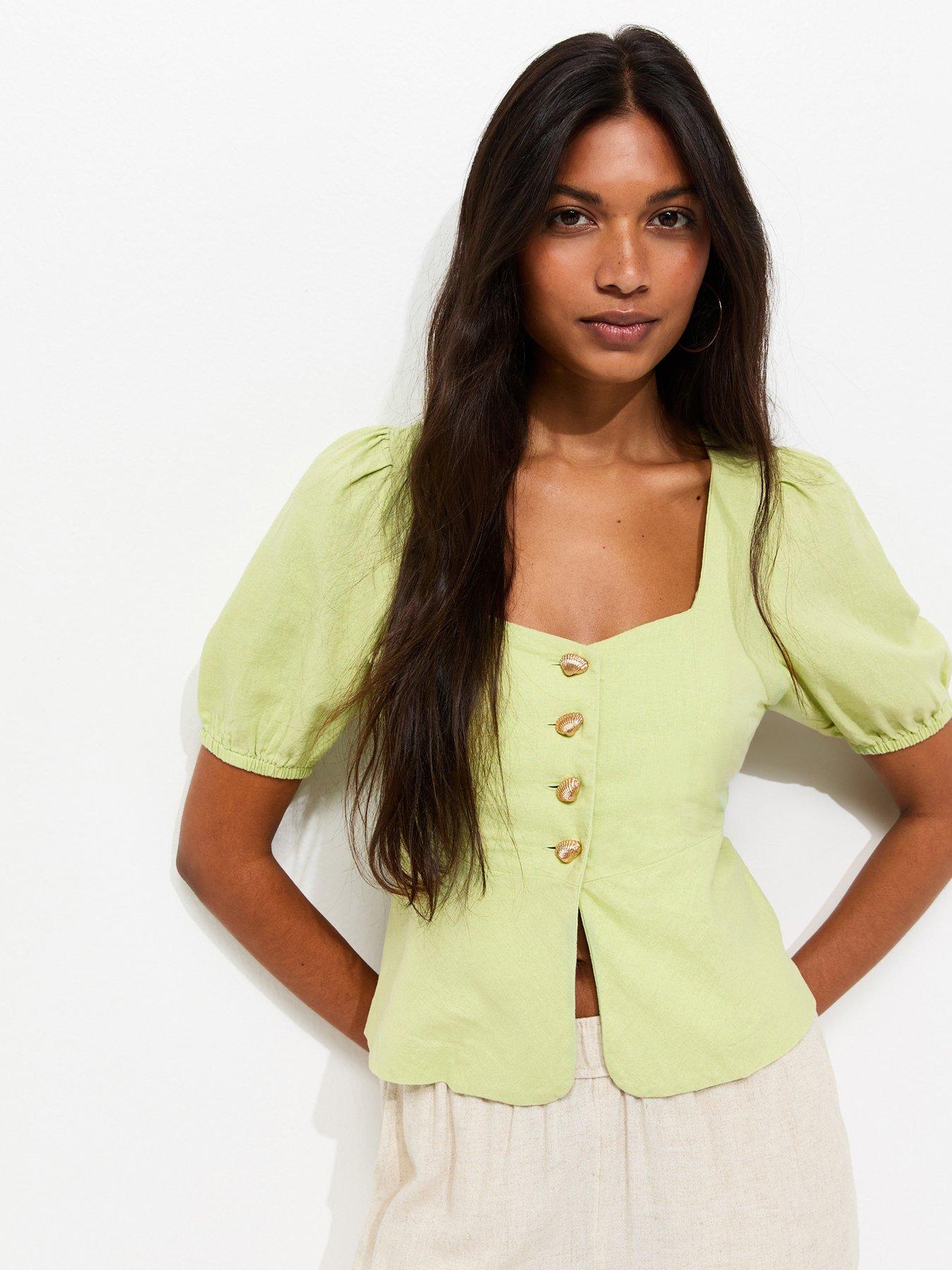 New Look Light Green Linen Rich Shell Button Peplum Top