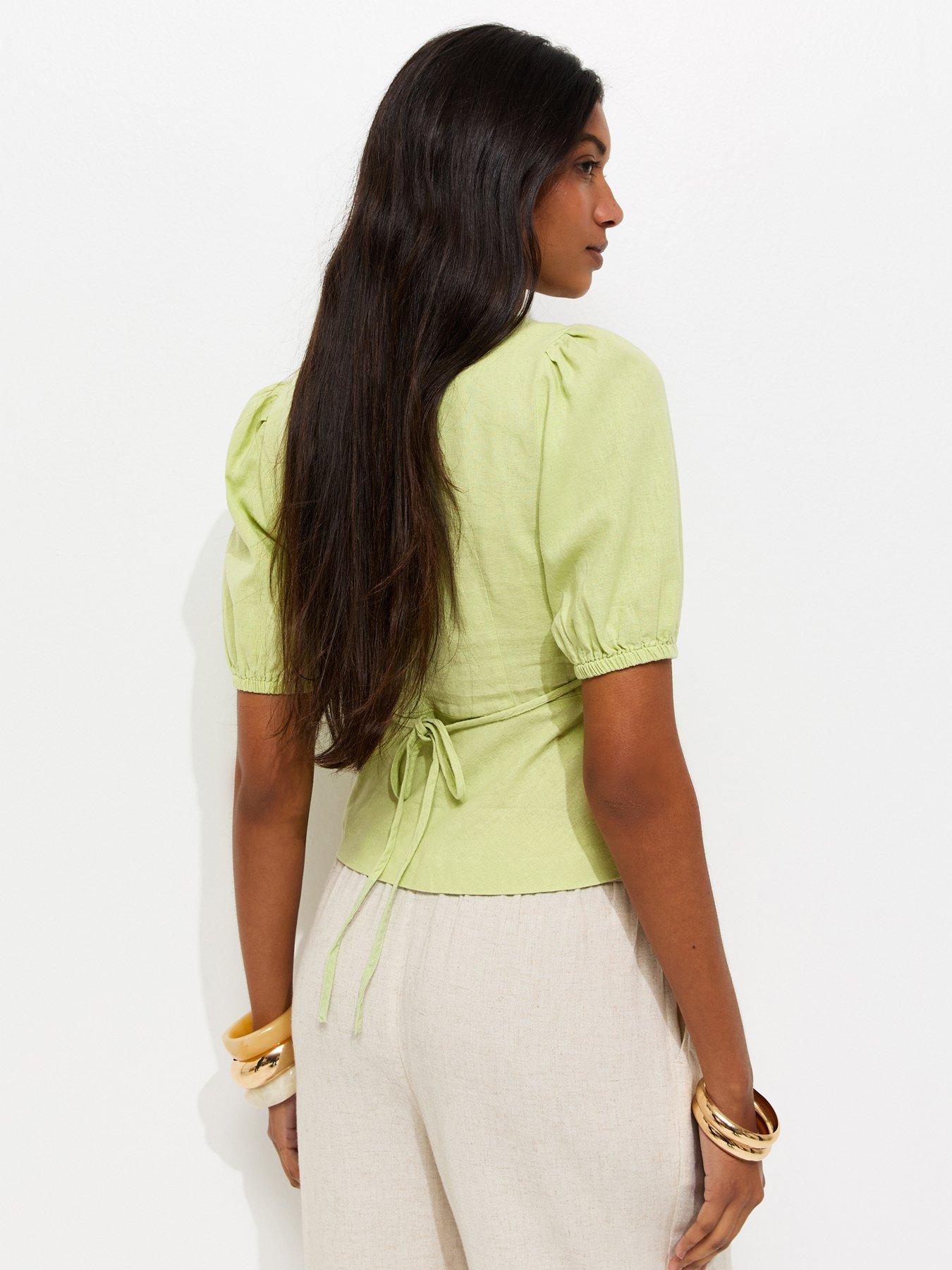 Image 2 of 5 of New Look Linen Rich Shell Button Peplum Top - Light Green