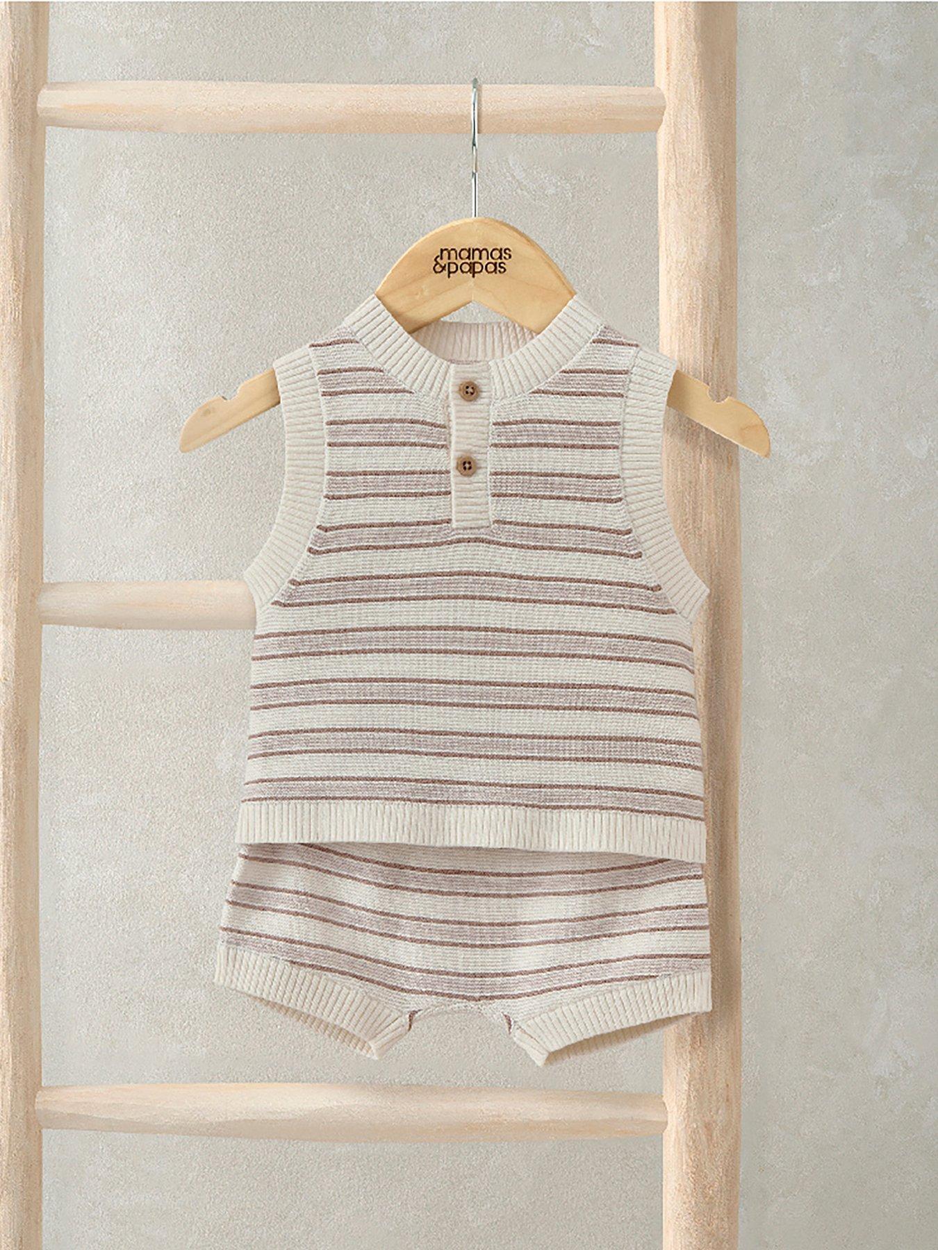 Image 1 of 4 of Mamas & Papas Baby Unisex Stripe Knitted Sleeveless Top & Shorts Set - Beige
